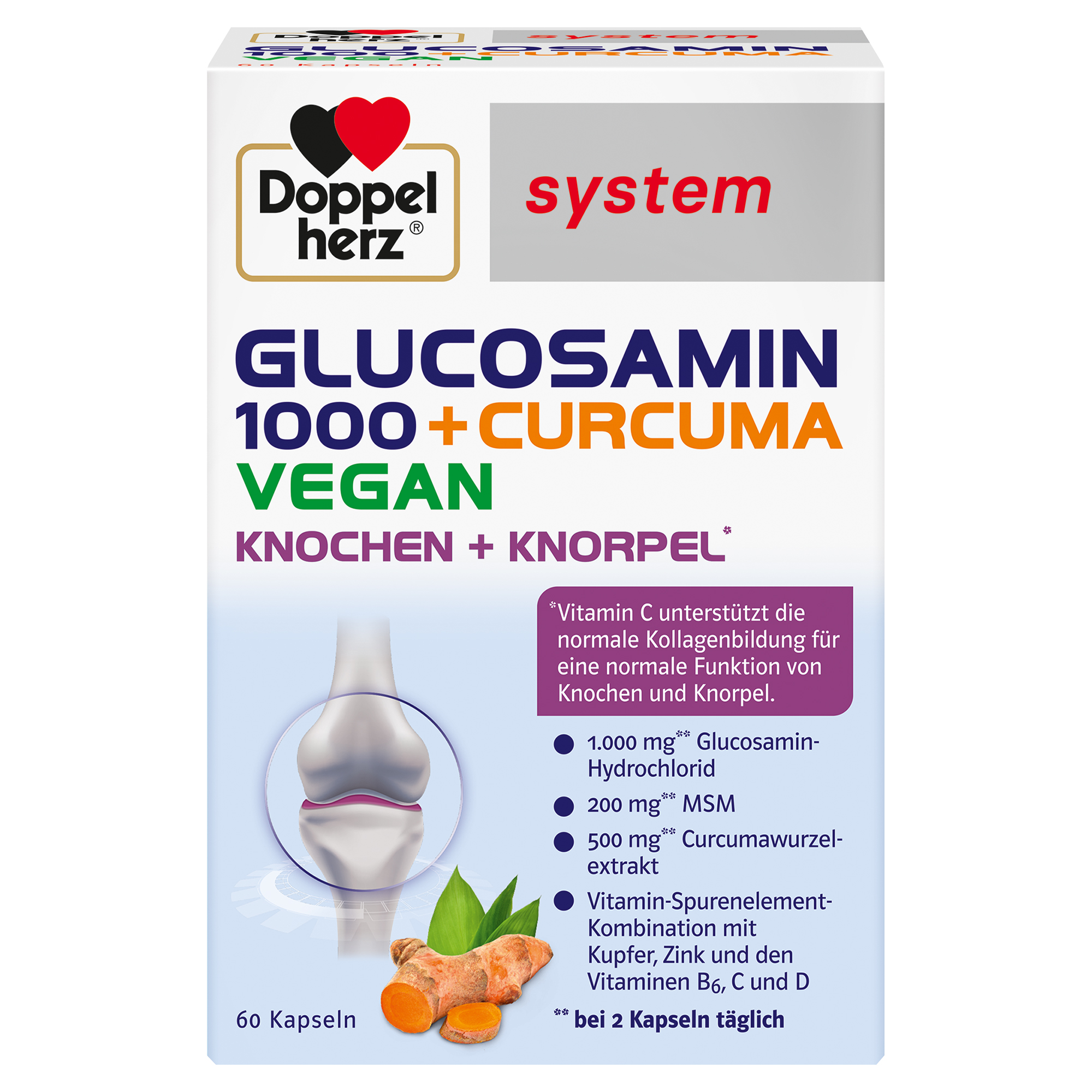 Verpackung des Produkts "Doppelherz system Glucosamin 1000 + Curcuma vegan", das 60 Kapseln zur Unterstützung von Knochen und Knorpel enthält.