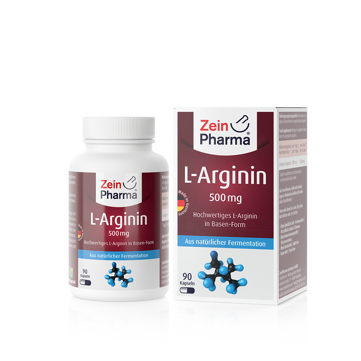 Ein Behälter mit L-Arginin-Kapseln von Zein Pharma, 500 mg, in einer Verpackung mit Informationen über das Produkt.