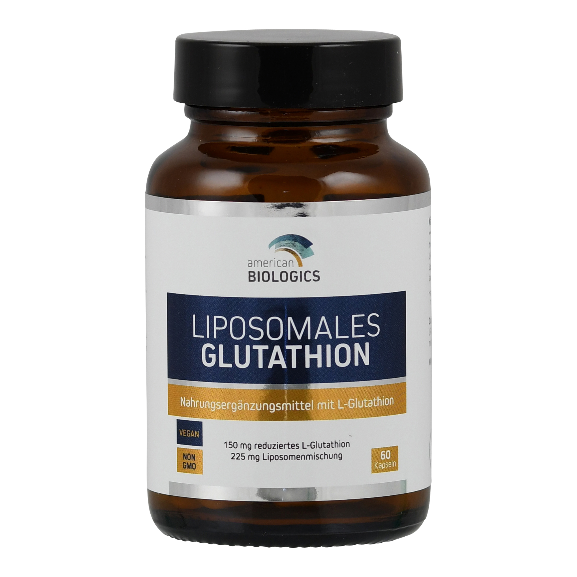 Braune Flasche mit schwarzem Deckel, etikettiert mit „Liposomales Glutathion, 150 mg reduziertes L-Glutathion, 225 mg Liposomeneinstellung, 60 Kapseln, vegan, nicht gentechnisch verändert“.