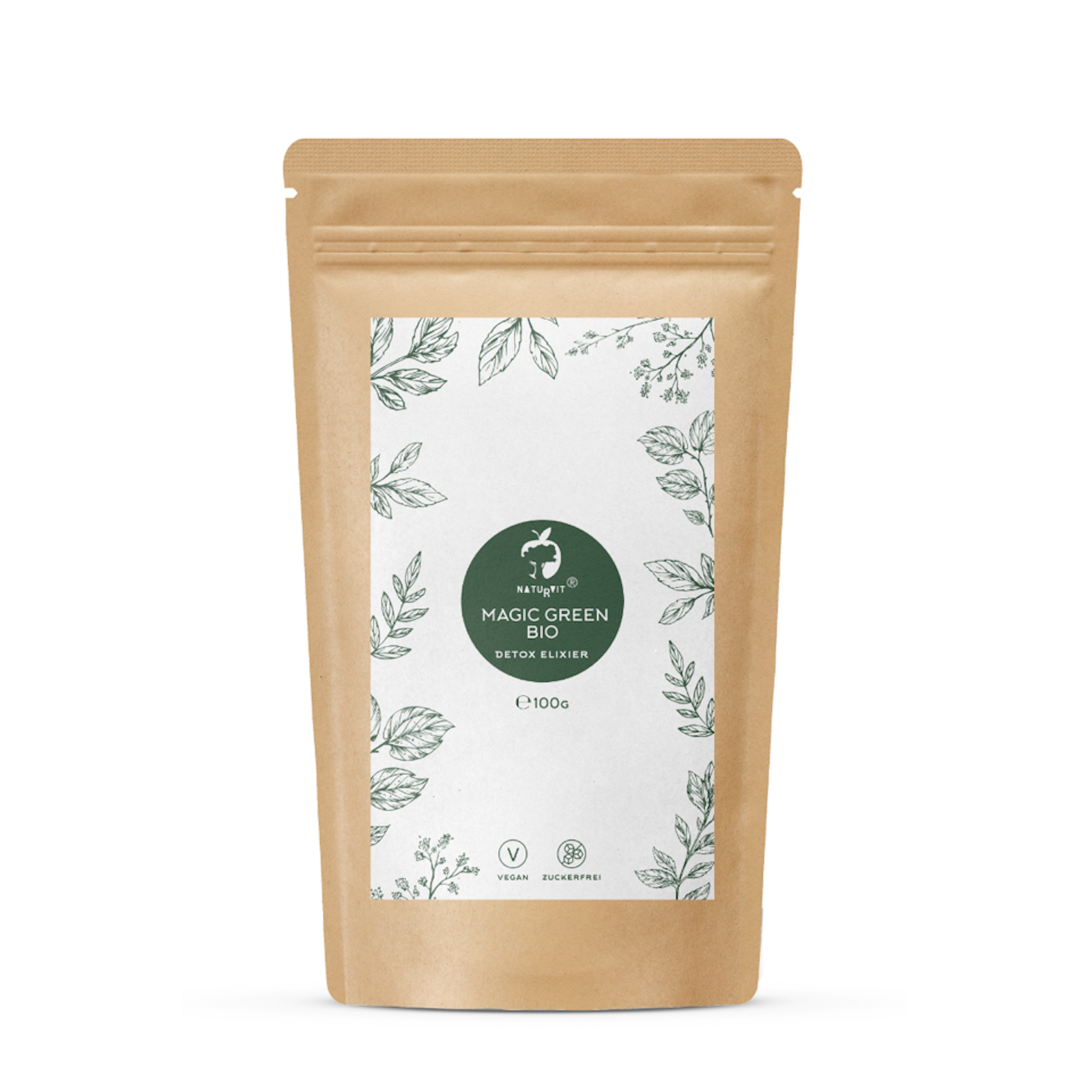 Beutel mit dem Aufdruck "MAGIC GREEN BIO Detox Elixier", 100 g, umgeben von Pflanzenmotiven.