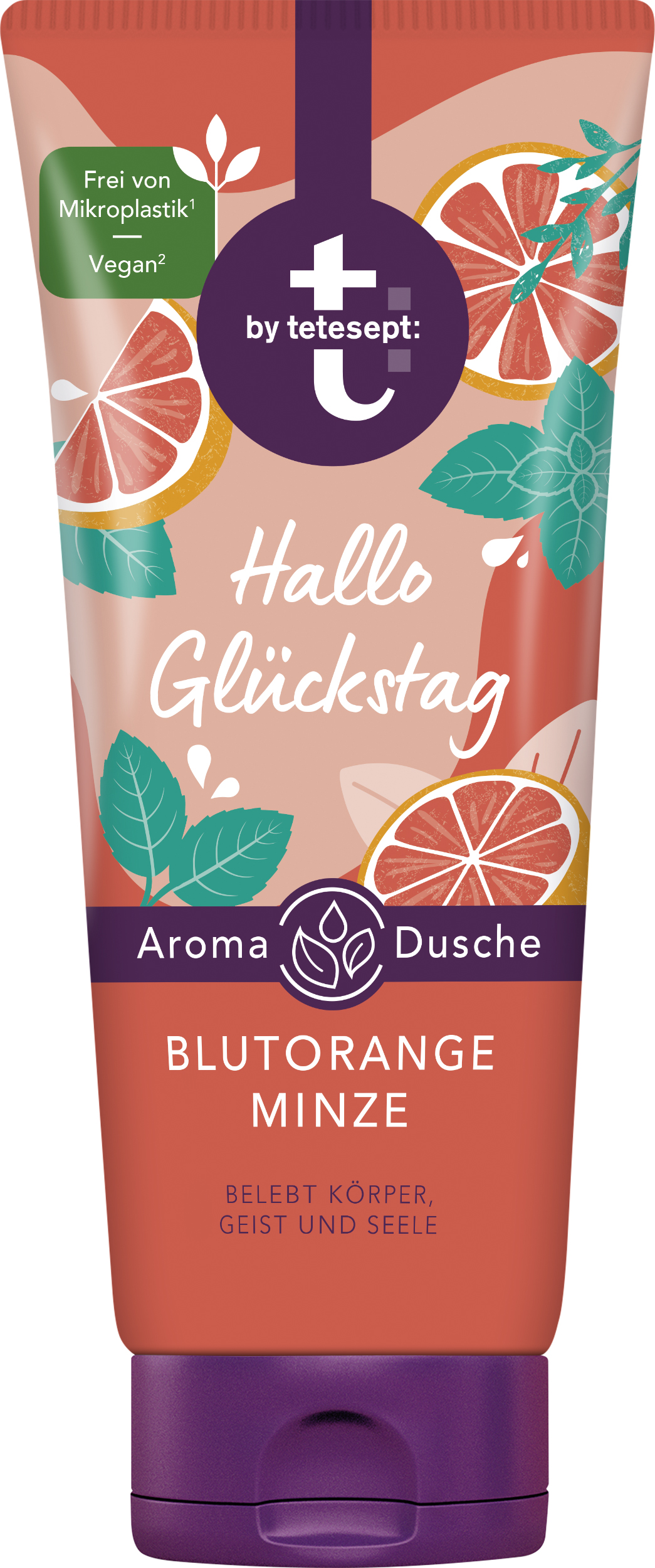 Röhrenförmige Verpackung für Duschgel mit dem Aufdruck "Hallo Glückstag", Geschmacksrichtung Blutorange-Minze und Hinweisen auf Veganität und Mikropasie.