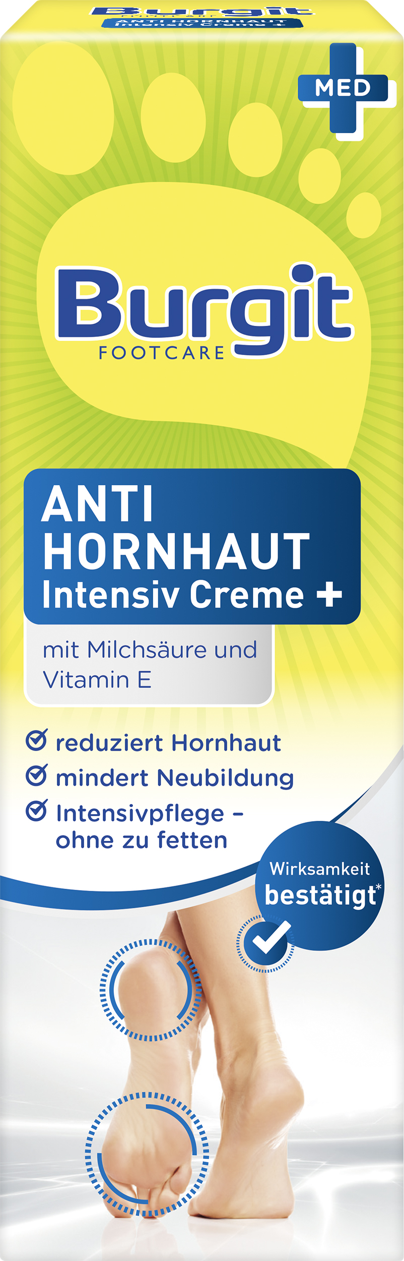 Produktverpackung von Burgit Footcare: Anti Hornhaut Intensiv Creme + mit Angaben zu Inhaltsstoffen und Wirkungsweise.