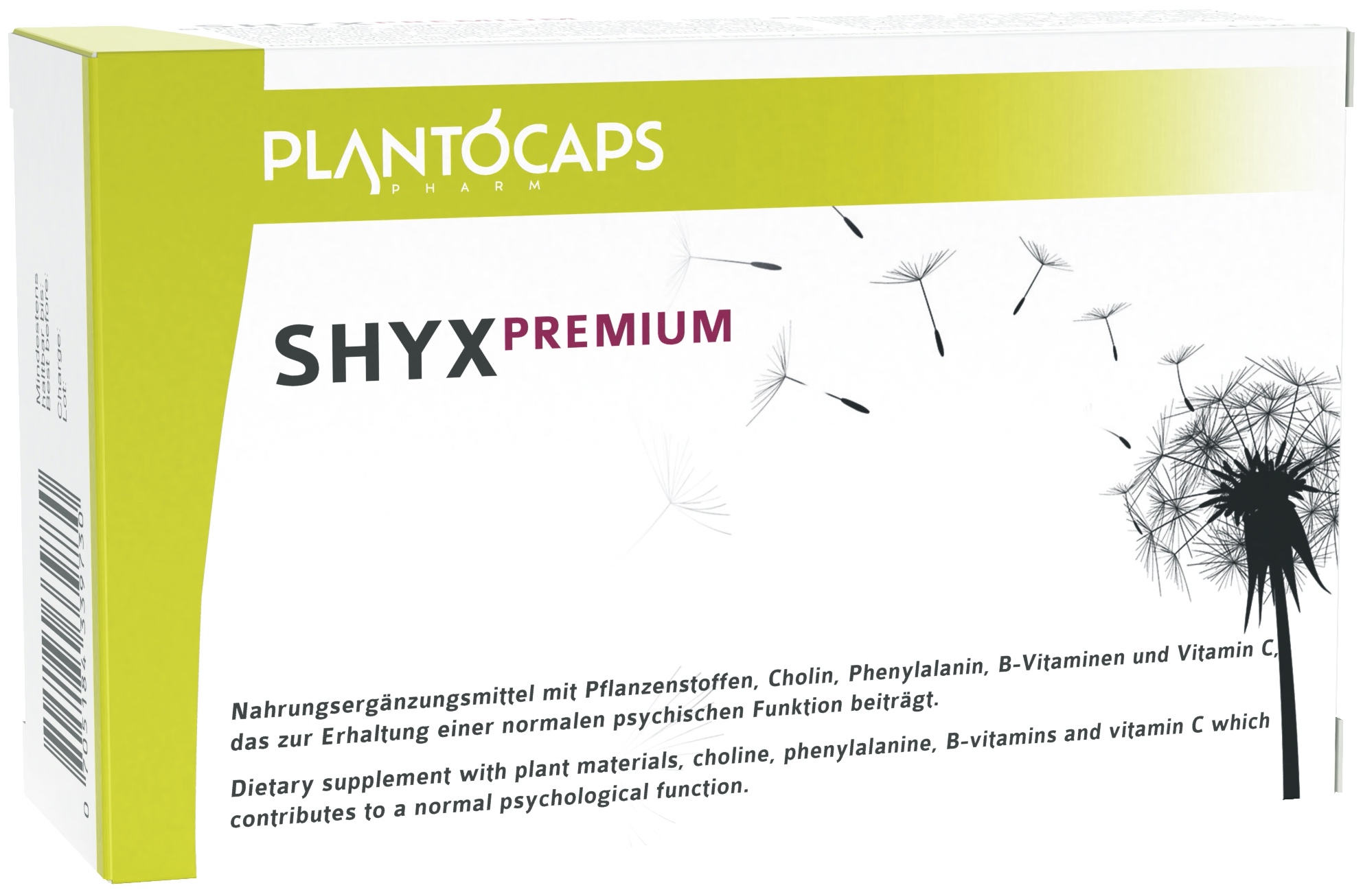 Packung des Nahrungsergänzungsmittels SHYX PREMIUM von PLANTOCAPS mit Inhaltsstoffen und Zweckbeschreibung.
