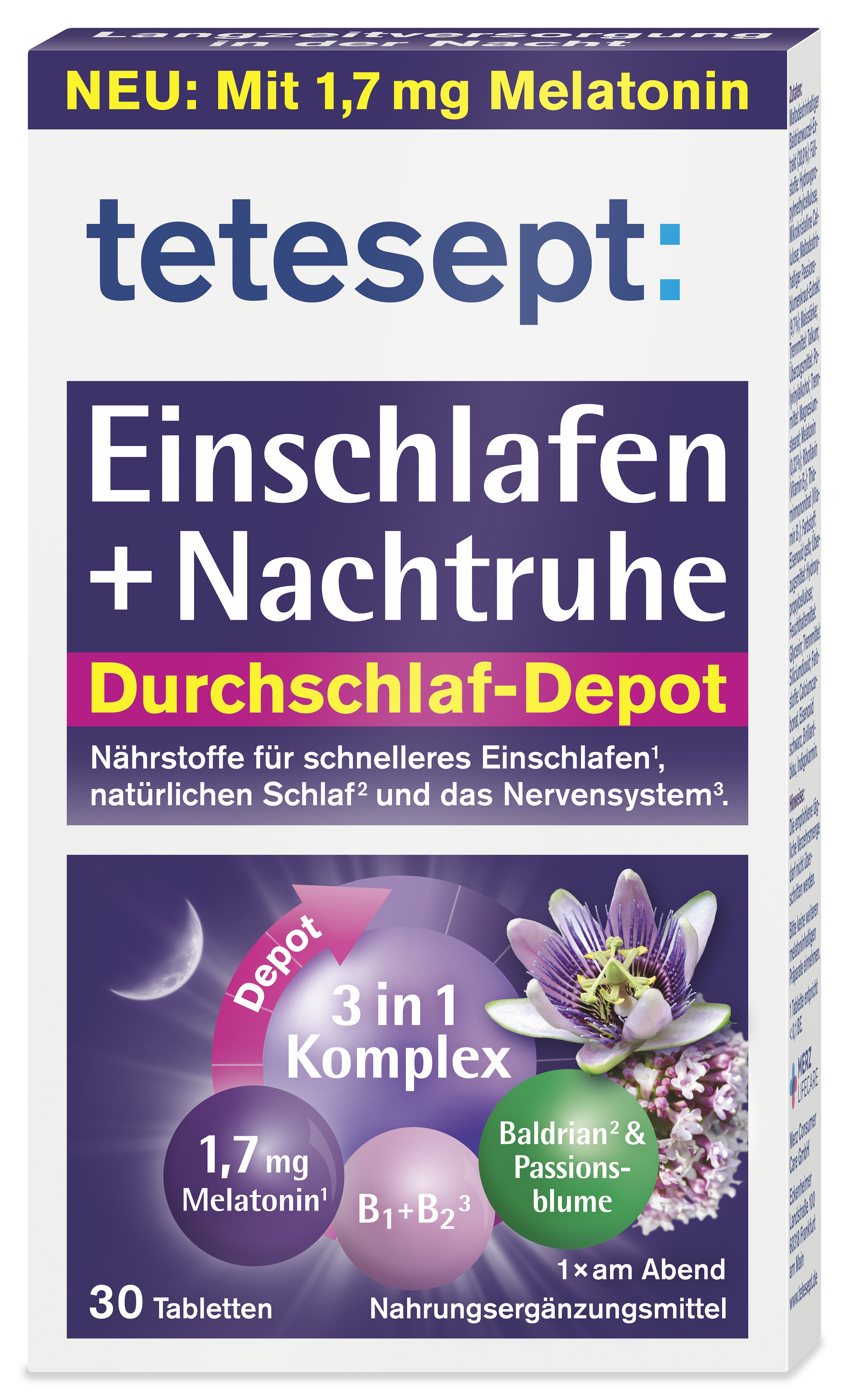 Packungsdesign von tetesept: Einschlafen + Nachtruhe mit der Angabe "NEU: Mit 1,7 mg Melatonin" und enthaltenen Nährstoffen für besseren Schlaf. 30 Tabletten.