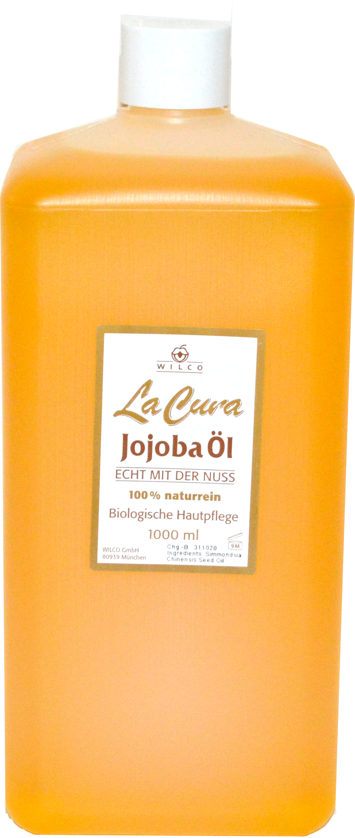 Flasche Jojobaöl (1000 ml) mit der Aufschrift "La Cura", in orangefarbener Flüssigkeit.
