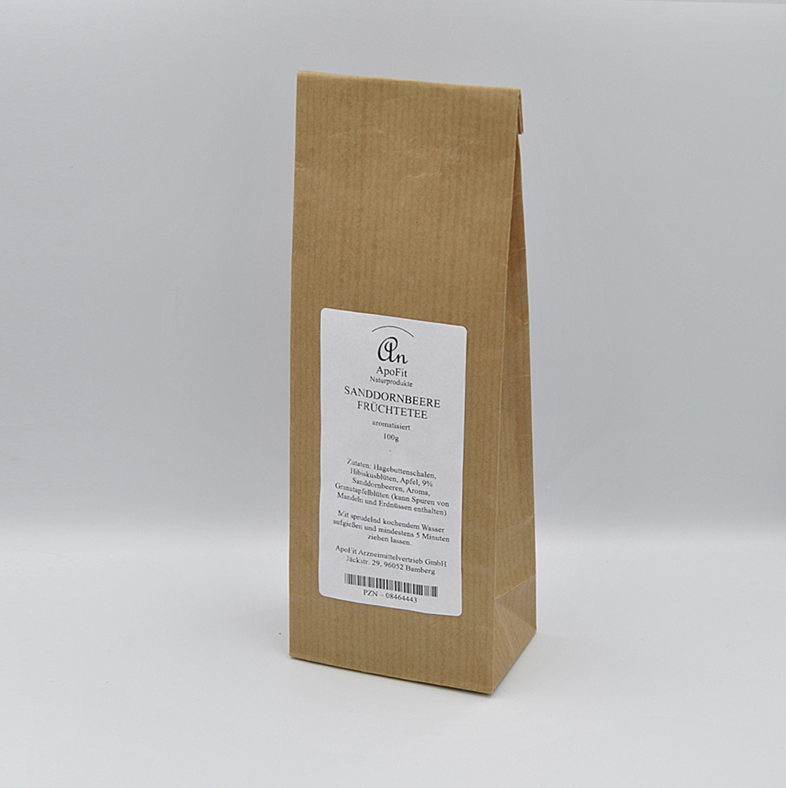 Papiertüte mit Aufschrift "Sanddornsäure Früchte Tee" und Inhaltsstoffen.