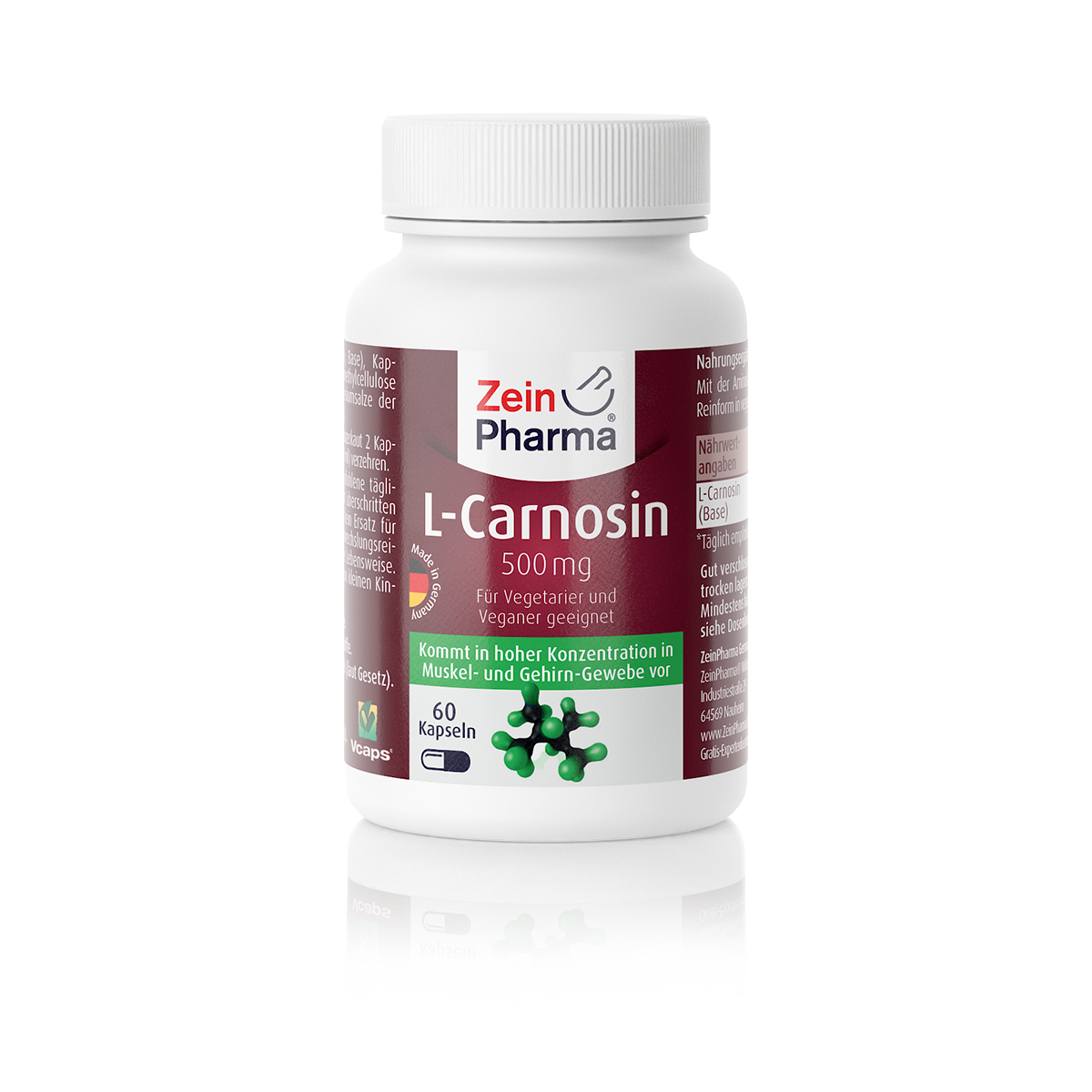 Weißes Flaschenetikett mit dem Aufdruck "L-Carnosin 500 mg" von Zein Pharma, enthält 60 Kapseln.