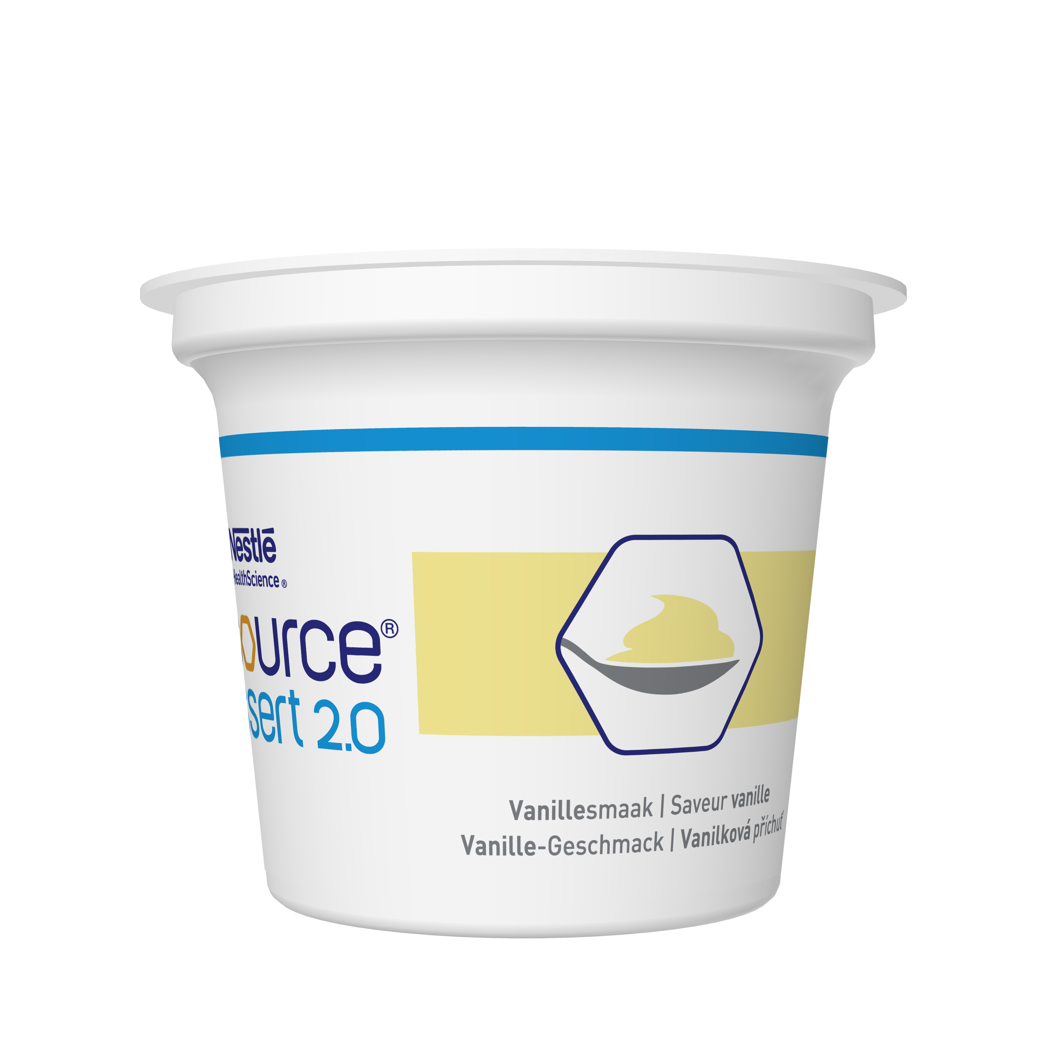 Becher mit Vanillegeschmack von Nestlé, etikettiert als "Source Dessert 2.0".