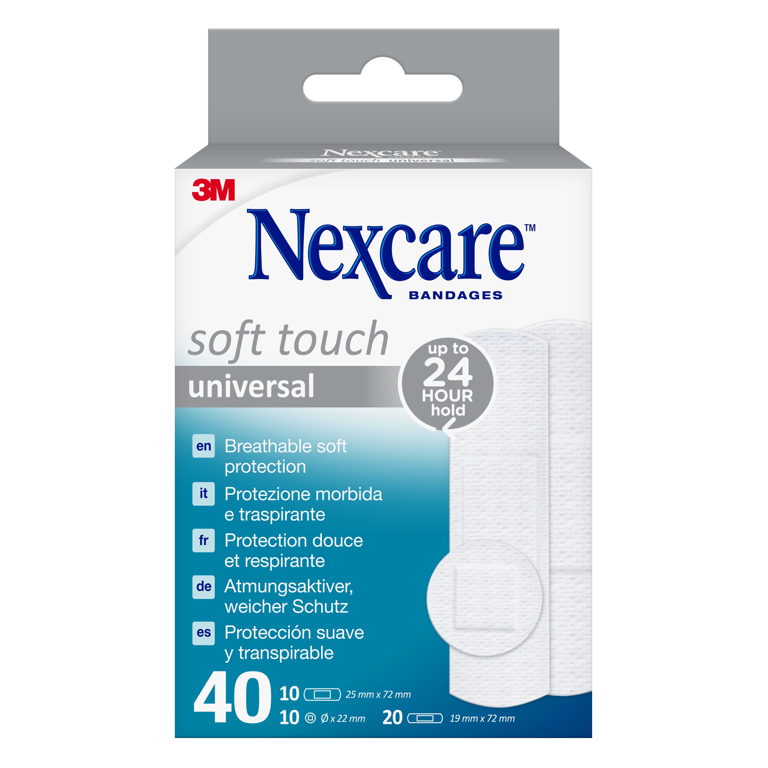 Verpackung von Nexcare Soft Touch Universal Pflastern mit Angaben zur Atmungsaktivität und 24-Stunden-Haftung.