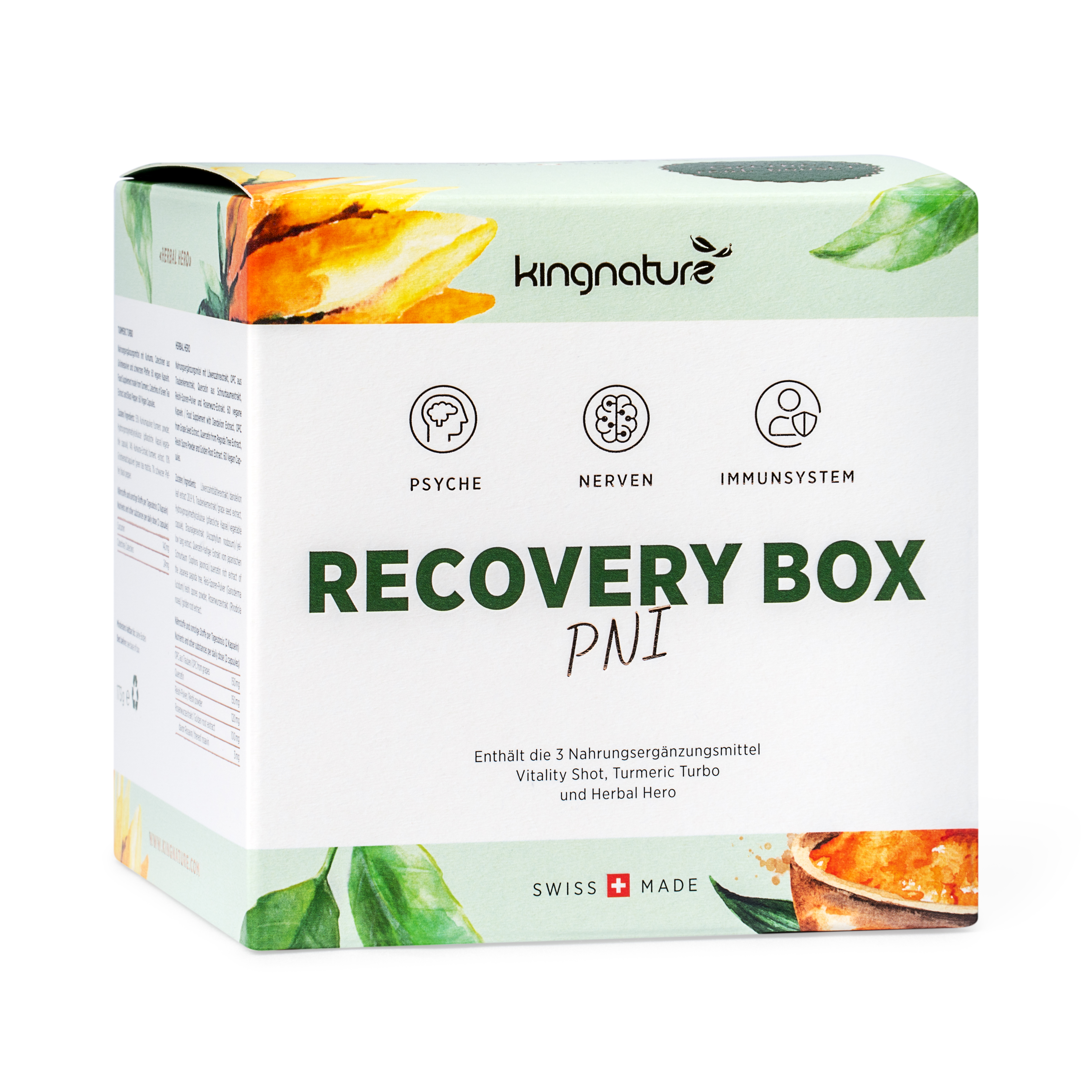 Verpackung der Recovery Box von Kingnature, die Nahrungsergänzungsmittel für Psyche, Nerven und Immunsystem enthält.