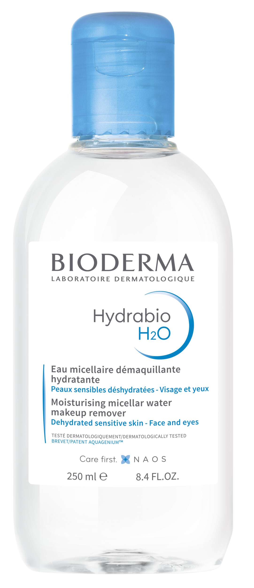Flasche mit micellar Wasser von Bioderma, Hydrabio H2O, 250 ml.
