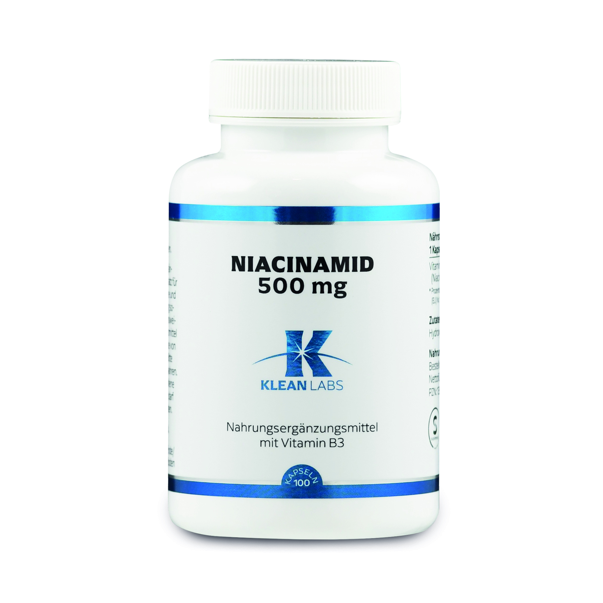 Weißes Fläschchen mit blauem Etikett, beschriftet mit "Niacinamid 500 mg" und "Nahrungsergänzungsmittel mit Vitamin B3".