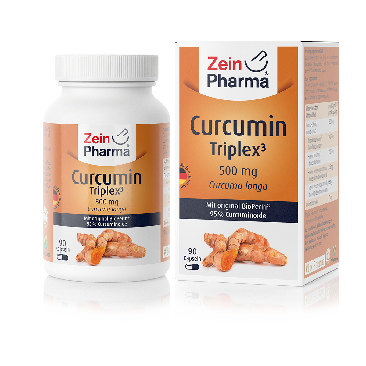 Produktabbildung von Zein Pharma Curcumin Triplex³, 500 mg, mit einer Dose und einer Verpackung, die 90 Kapseln enthält.