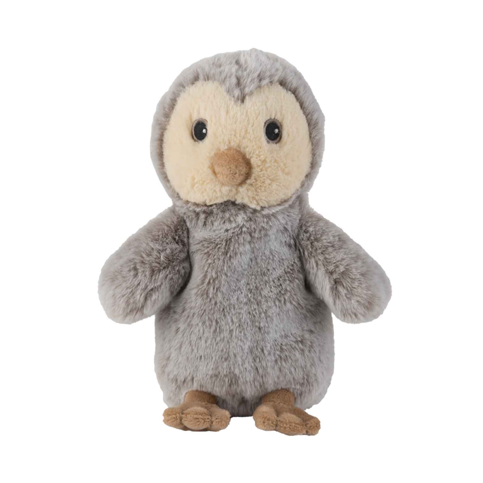 Kuscheliger, grauer Plüschpinguin mit großen Augen und einem runden Körper.