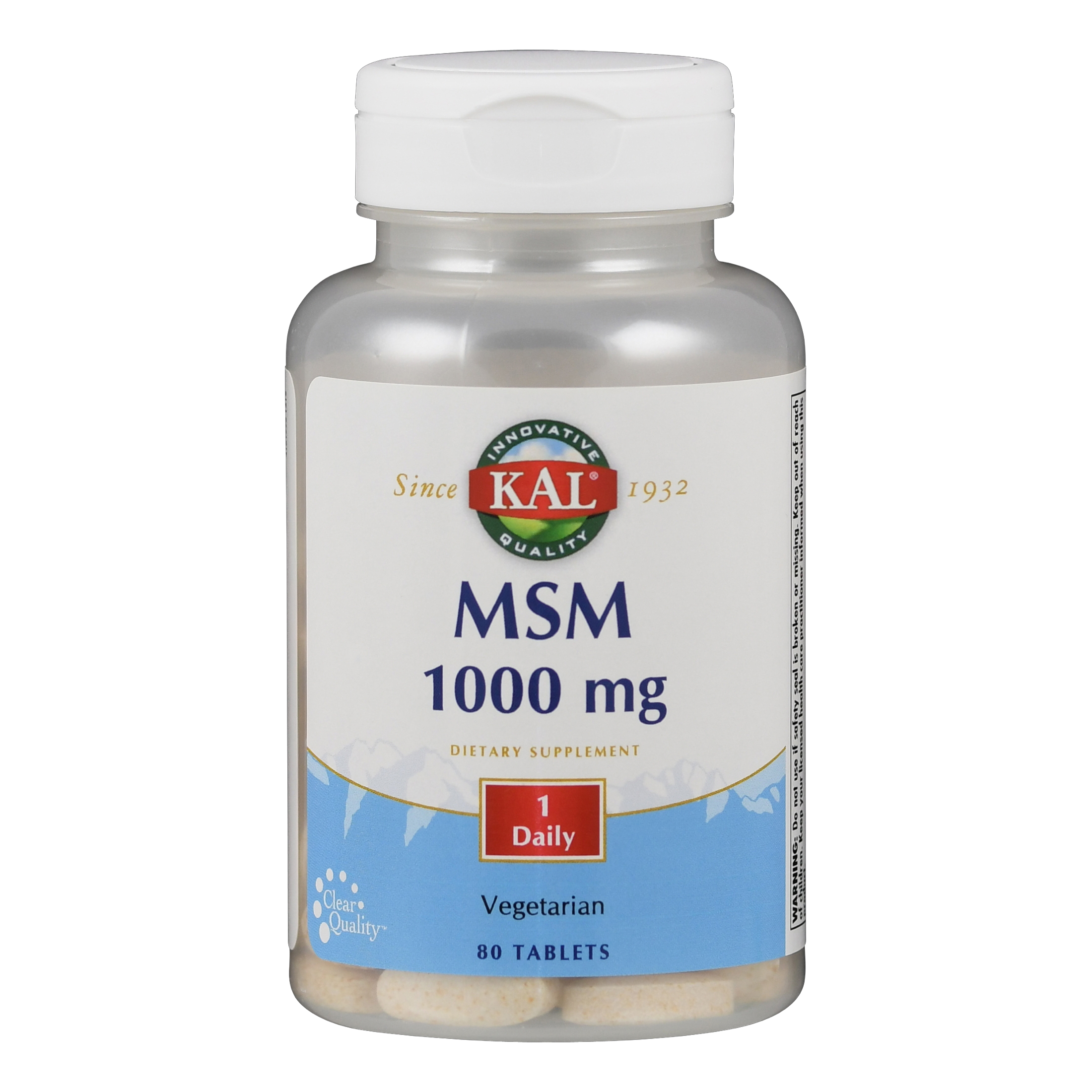 Flasche mit MSM 1000 mg Nahrungsergänzungsmittel, 80 Tabletten, vegetarisch, Marke KAL.