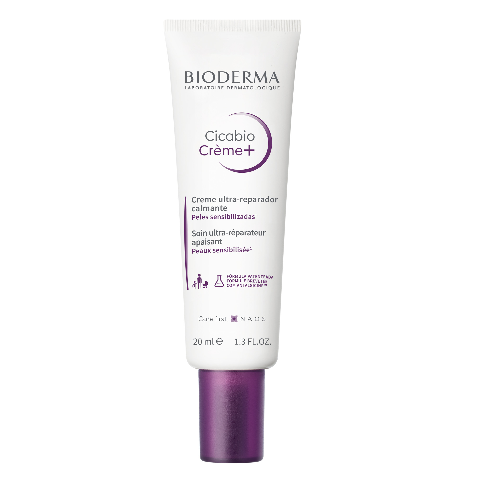 Tube Bioderma Cicabio Crème+ in einem weißen und lila Design, 20 ml.