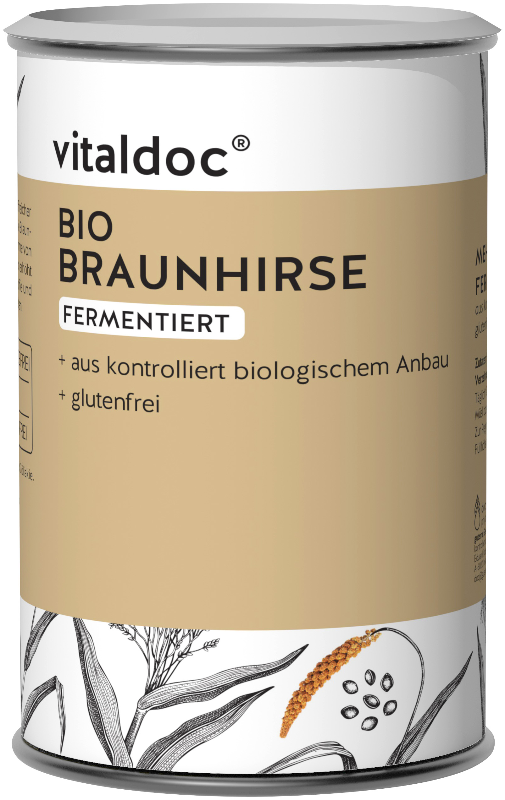 Dose mit der Aufschrift "BIO BRAUNHIRSE FERMENTIERT" von vitaldoc.