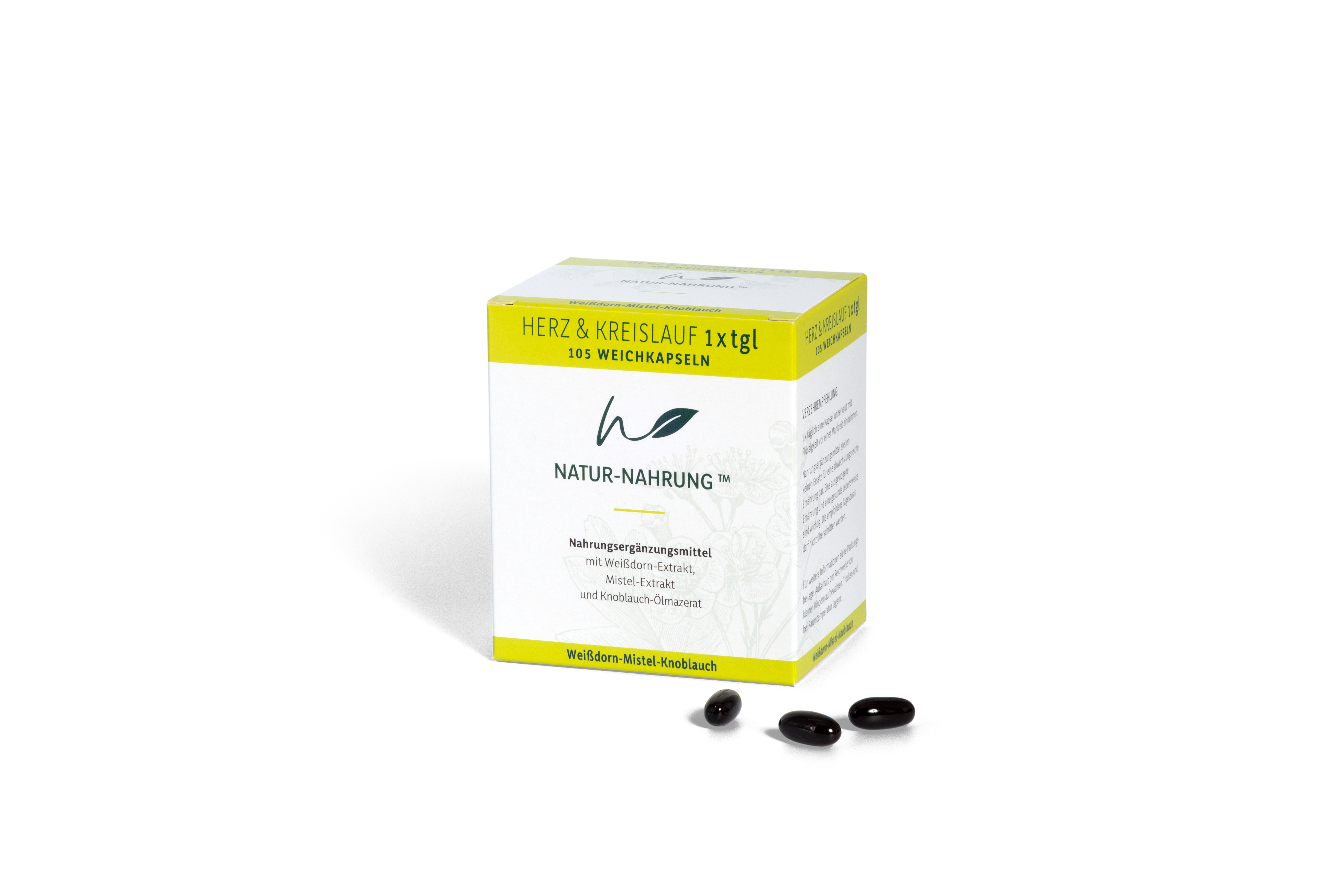 Produktpackung von Natur-Nahrung mit der Bezeichnung "Herz & Kreislauf", daneben einige Weichkapseln.