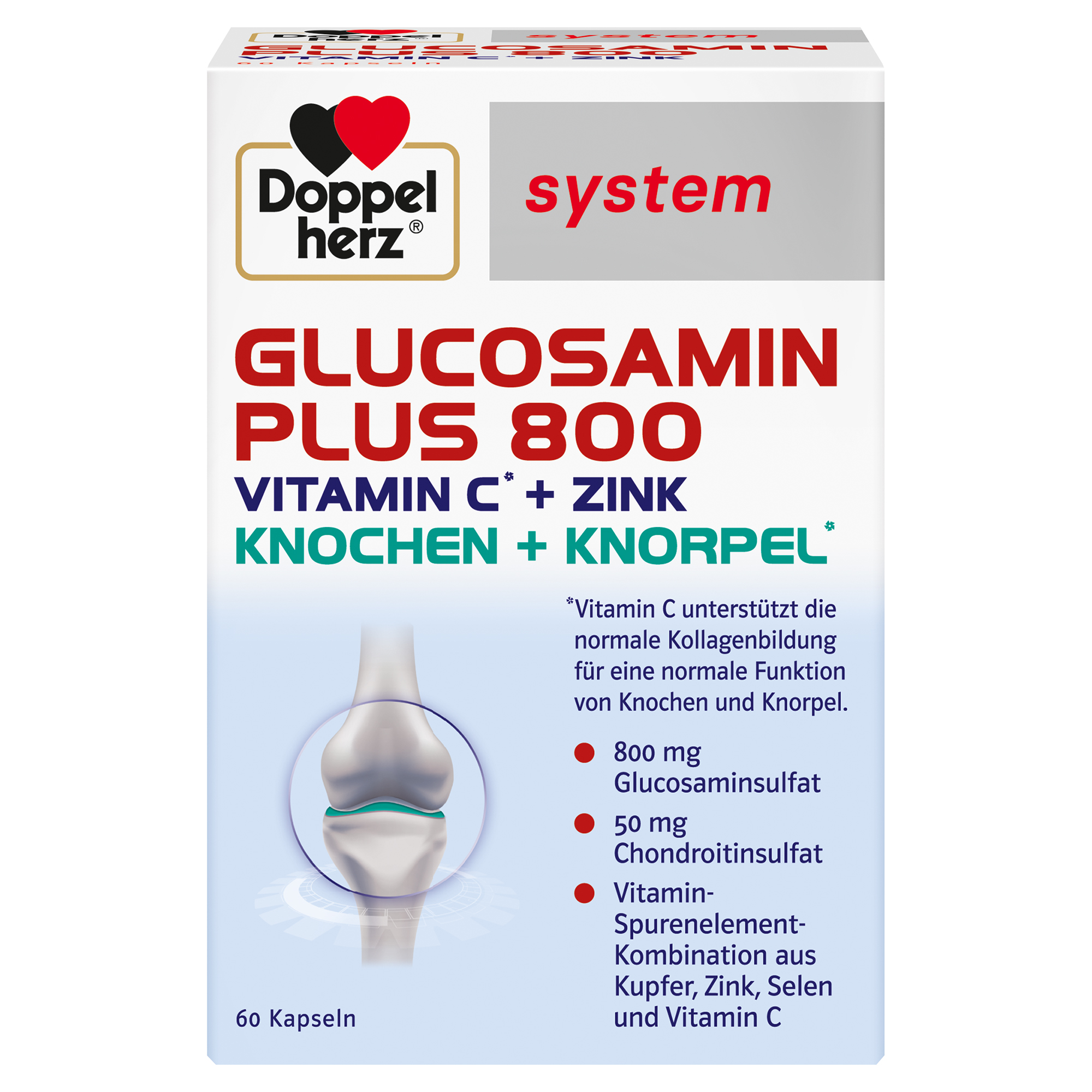 Verpackung von "Doppelherz System Glucosamin Plus 800" mit Informationen zu Inhaltsstoffen und deren Nutzen für Knochen und Knorpel.