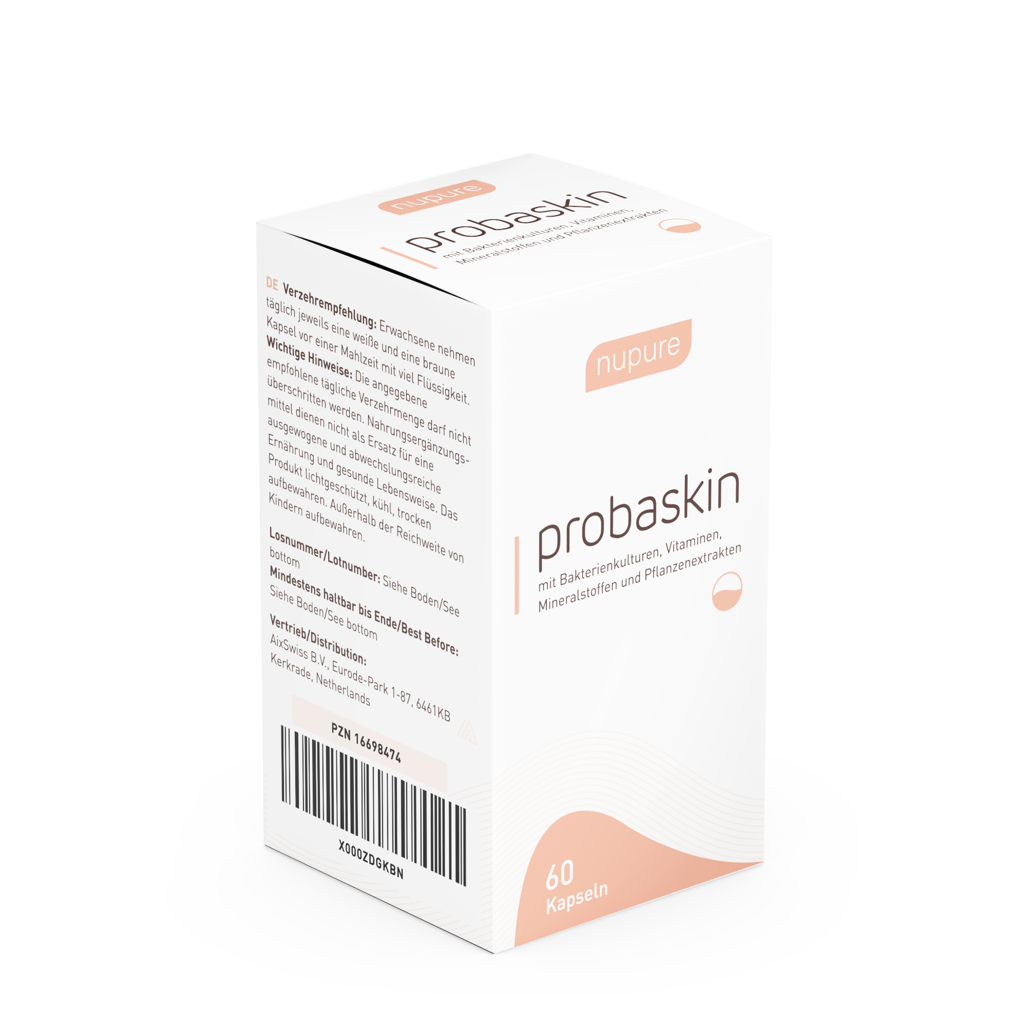 Verpackung mit 60 Kapseln des Nahrungsergänzungsmittels "probaskin" von nupure, auf der die Inhaltsstoffe hervorgehoben sind.