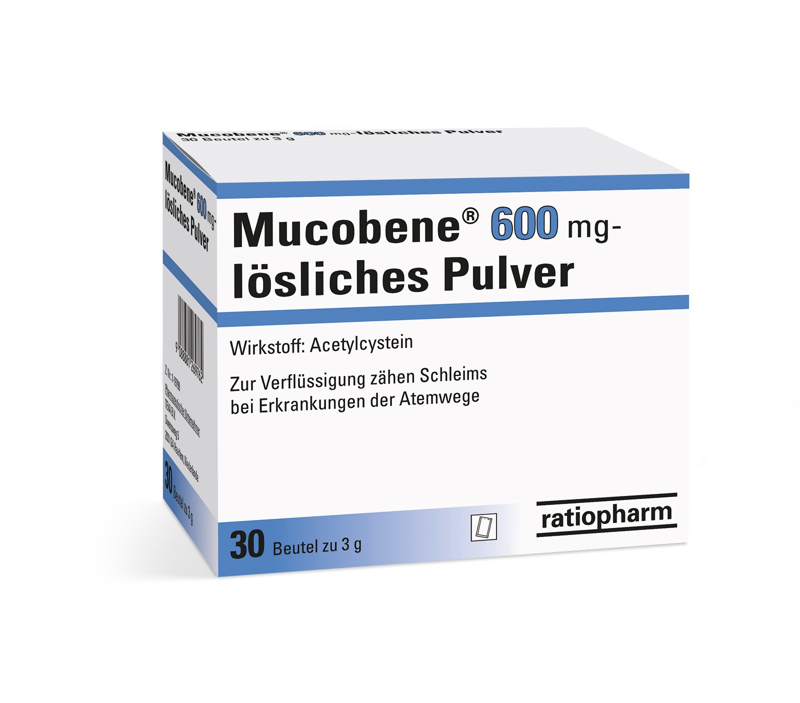 Packung Mucobene 600 mg, lösliches Pulver, zur Verflüssigung zähen Schleims bei Erkrankungen der Atemwege, 30 Beutel à 3 g.