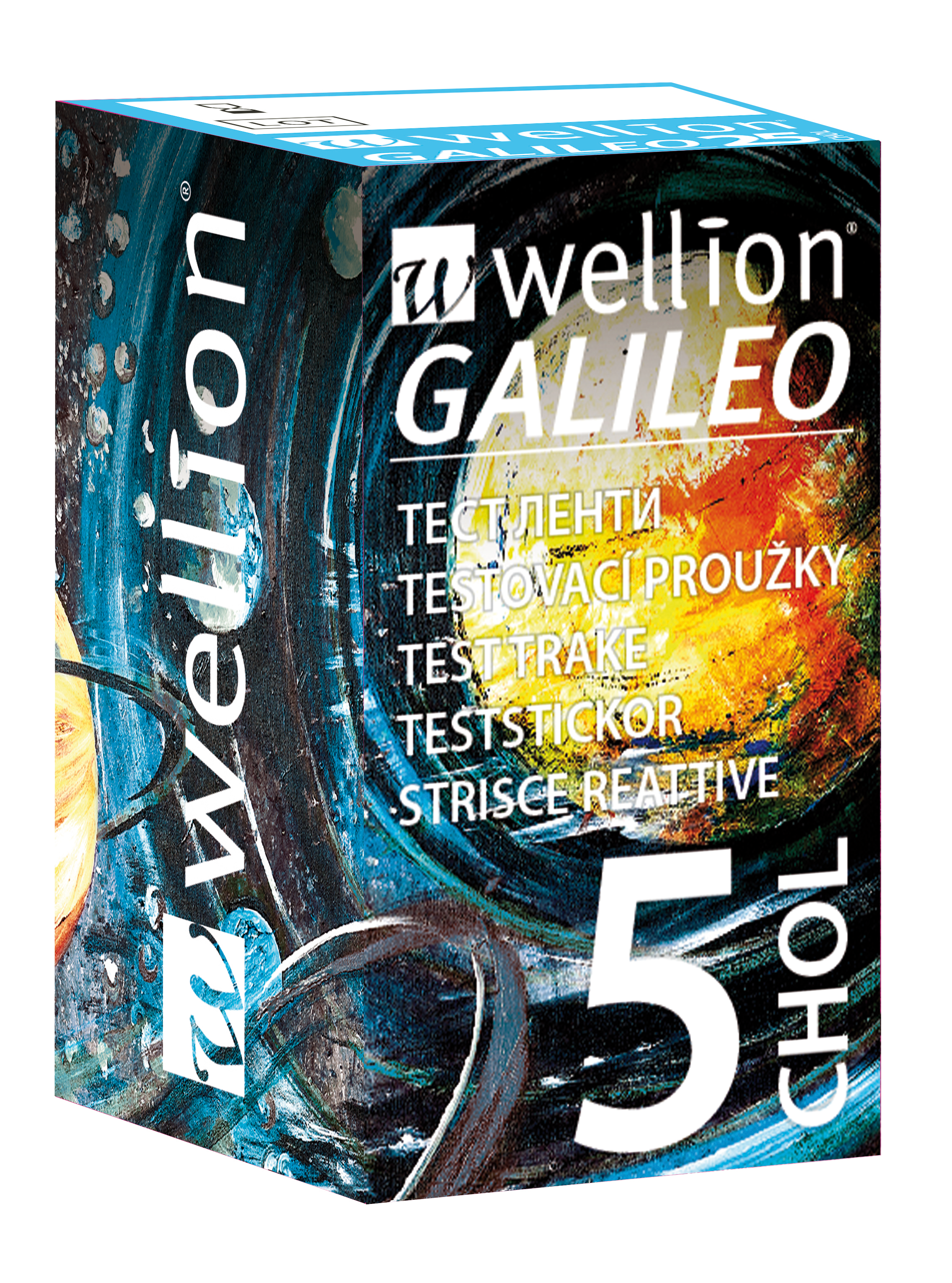 Verpackung eines Testkits für Cholesterinmessung von Wellion mit dem Namen "Galileo".