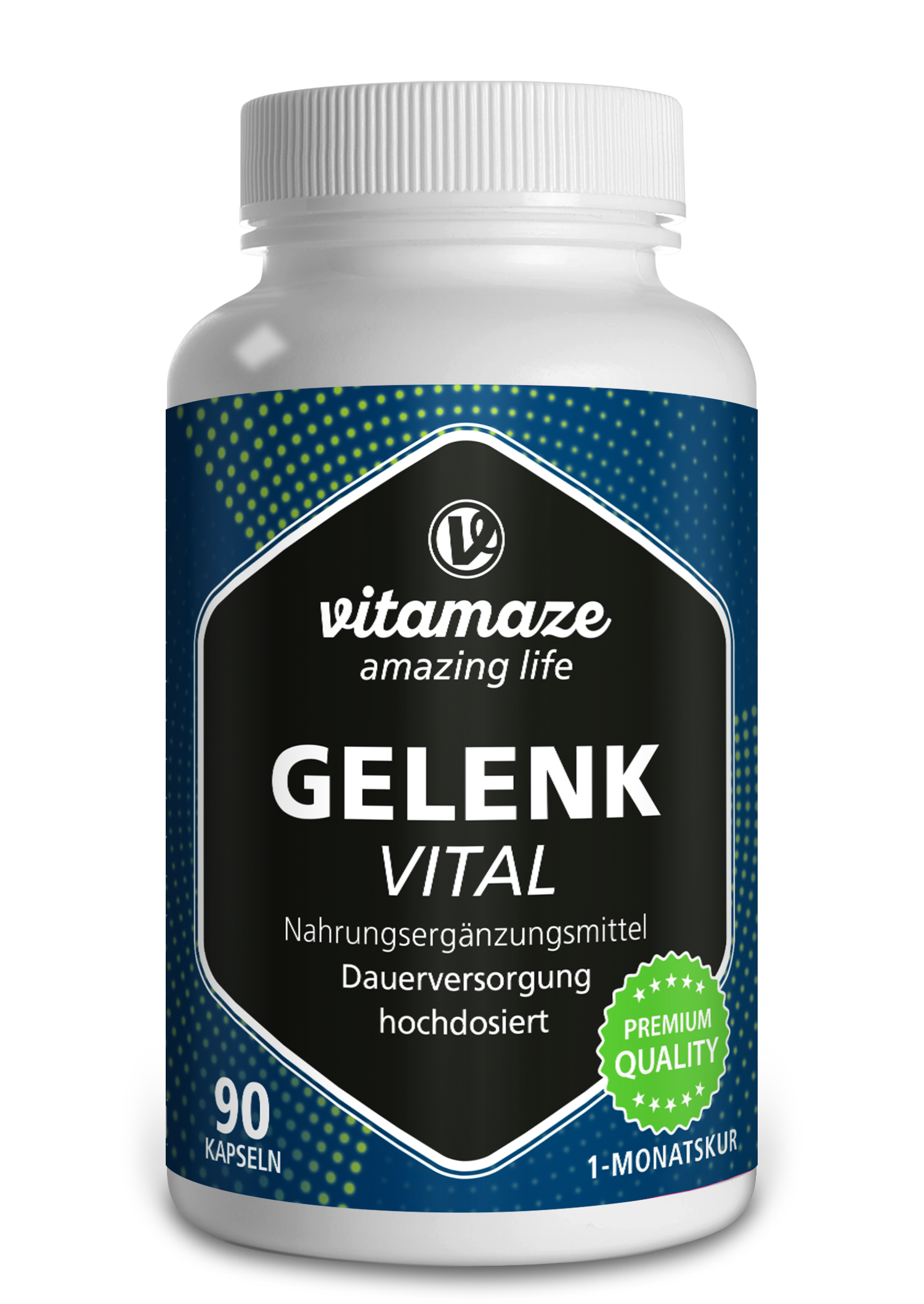 Blau-weißer Nahrungsergänzungsmittelbehälter mit der Aufschrift "Gelenk Vital", enthält 90 Kapseln, von der Marke vitamaz.
