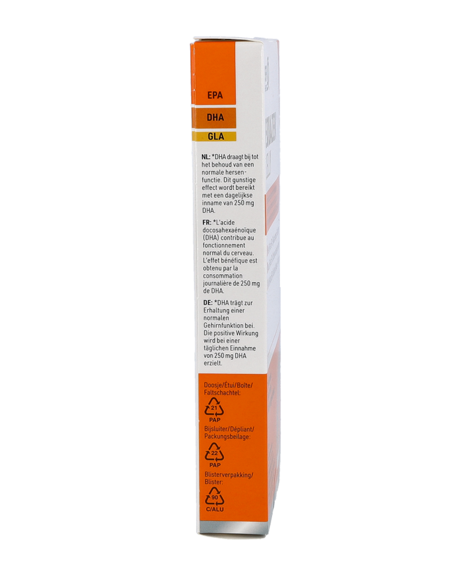 Seitenansicht einer Verpackung mit Angaben zu Inhaltsstoffen: EPA, DHA und GLA, sowie recyclebaren Symbolen.