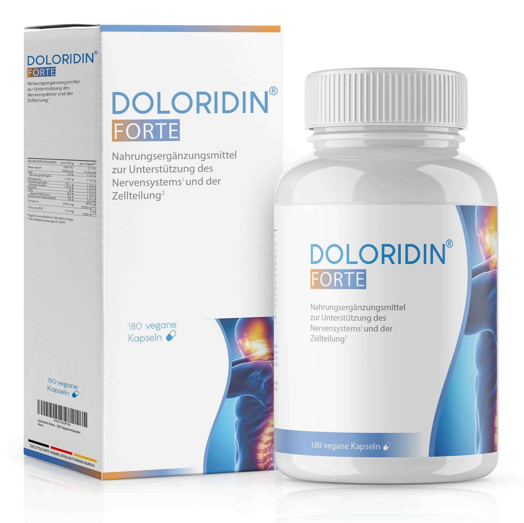 Eine Packung und eine Flasche mit Doloridin Forte, einem Nahrungsergänzungsmittel zur Unterstützung des Nervensystems und der Zellteilung, mit der Aufschrift „180 vegane Kapseln“.