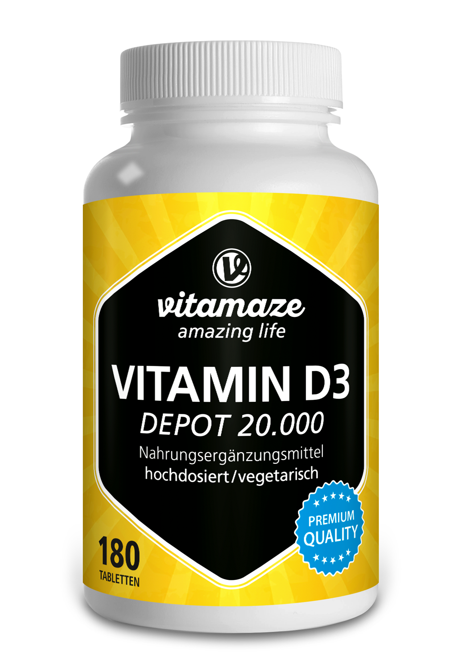 Flasche mit Vitaminen D3 Depot 20.000, 180 Tabletten, von Vitamaze.