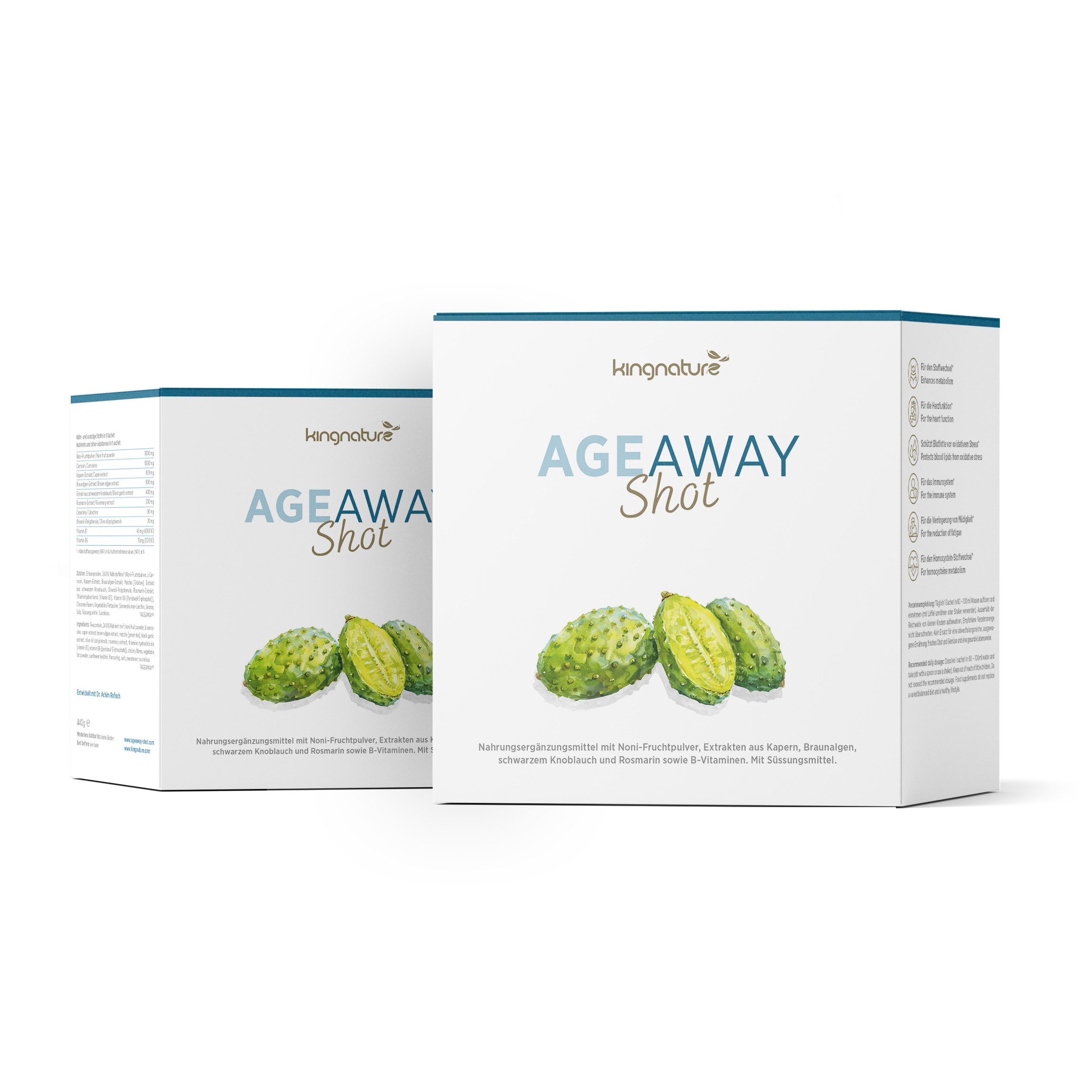 Zwei Verpackungen des Produkts "AGE AWAY Shot" von Lingnature mit frischen grünen Früchten im Vordergrund.