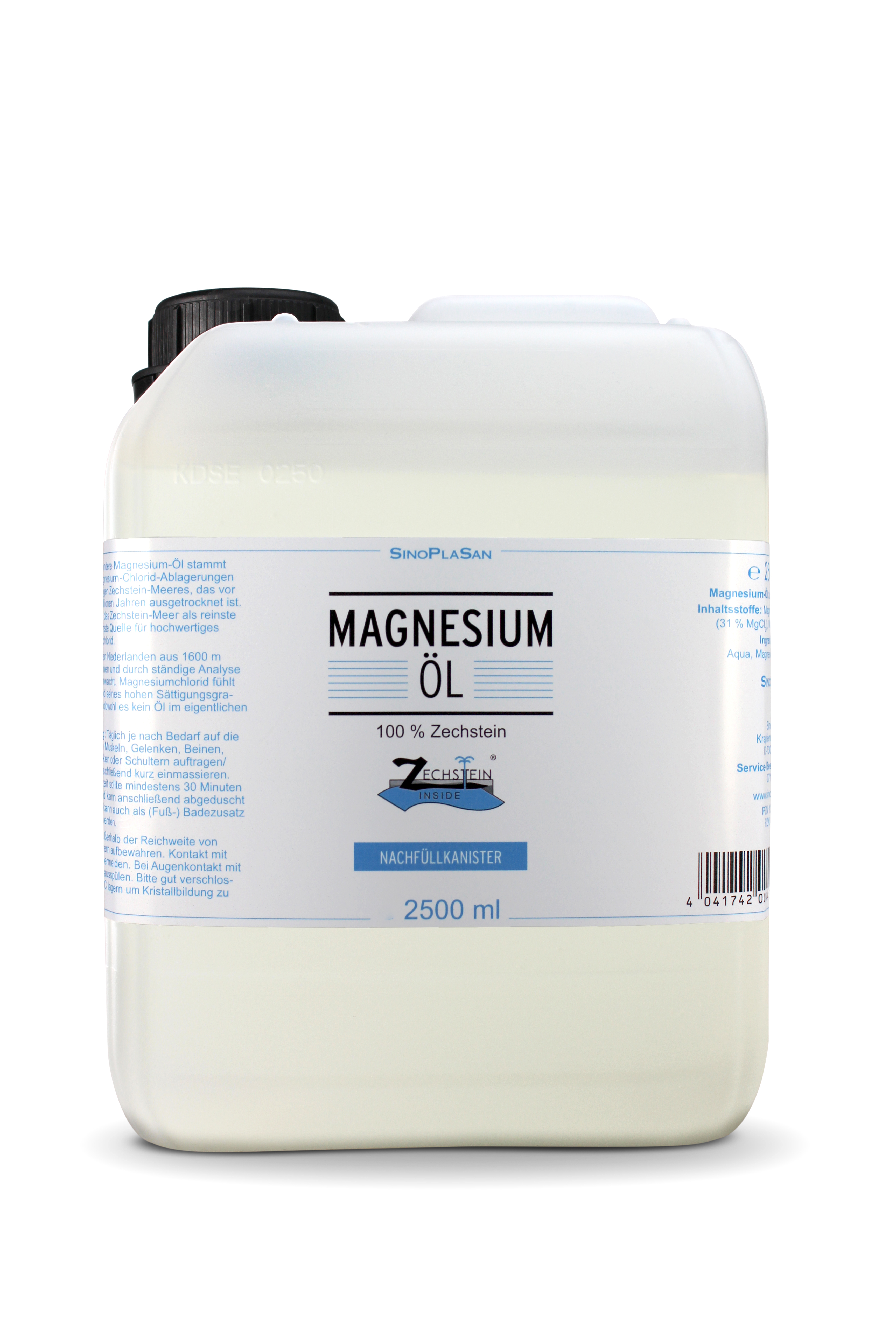 Weißer Kanister mit Magnesiumöl, 2500 ml, mit blauem und schwarzem Etikett.