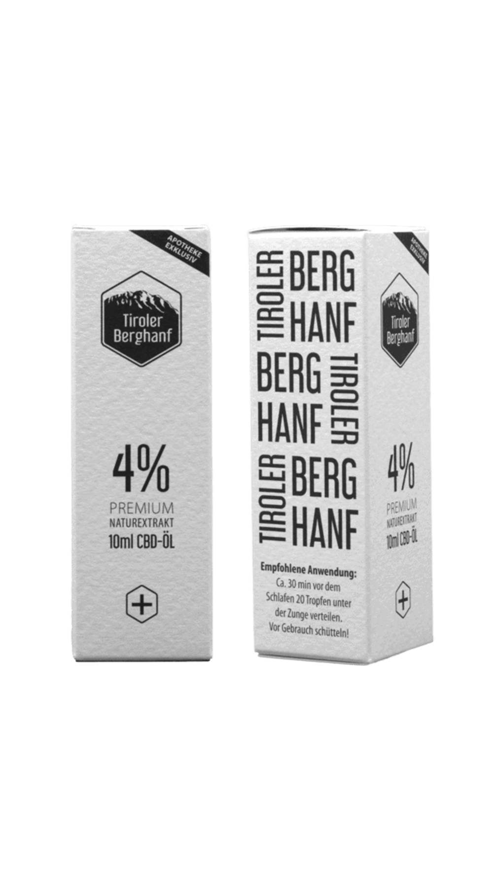 Zwei Verpackungen für CBD-Öl der Marke "Tiroler Berghanf" mit einem Inhalt von 10ml und 4% Premium Naturkraft.