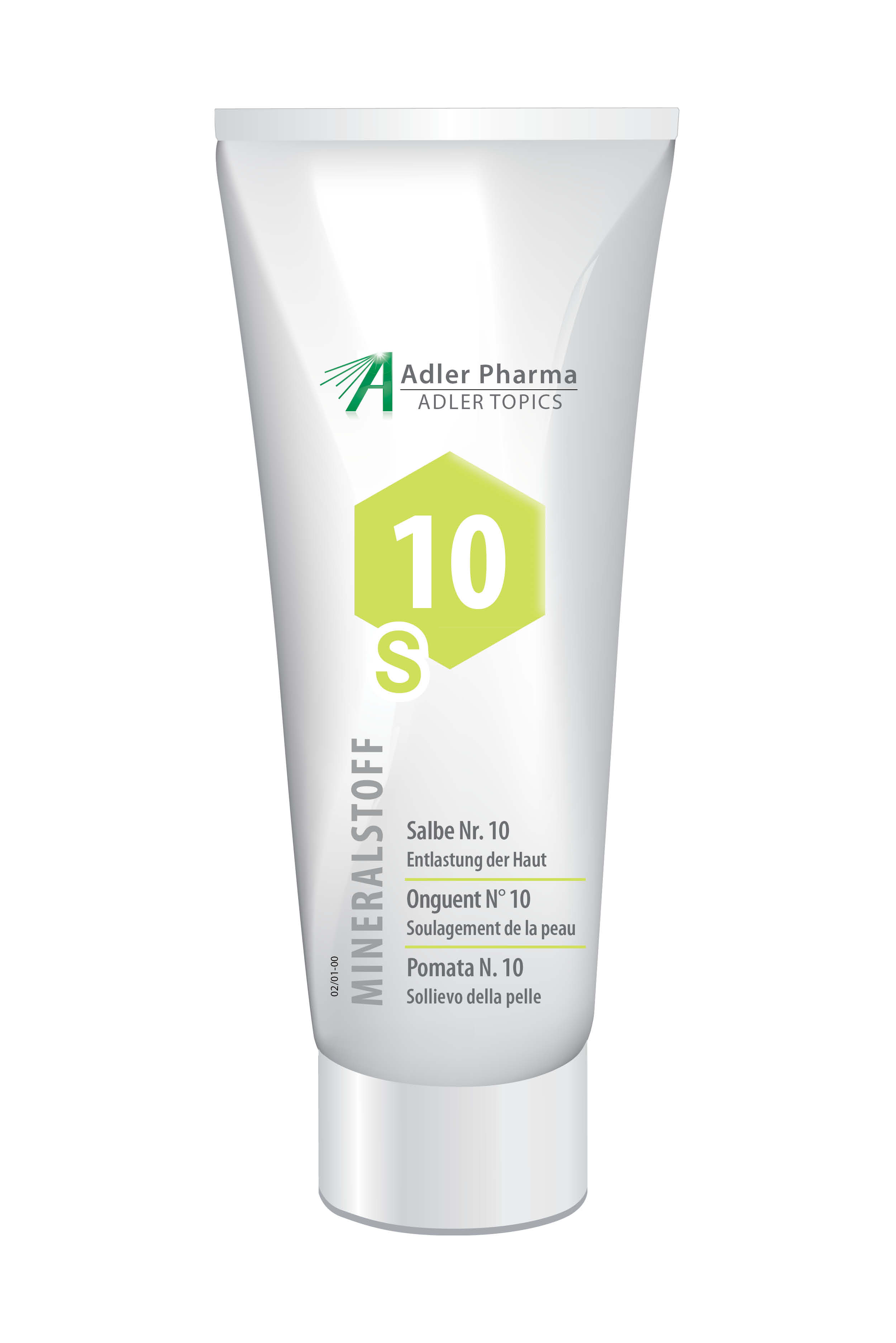 Tube mit Salbe Nr. 10 von Adler Pharma, beschriftet mit "Mineralstoff" und "10 S".