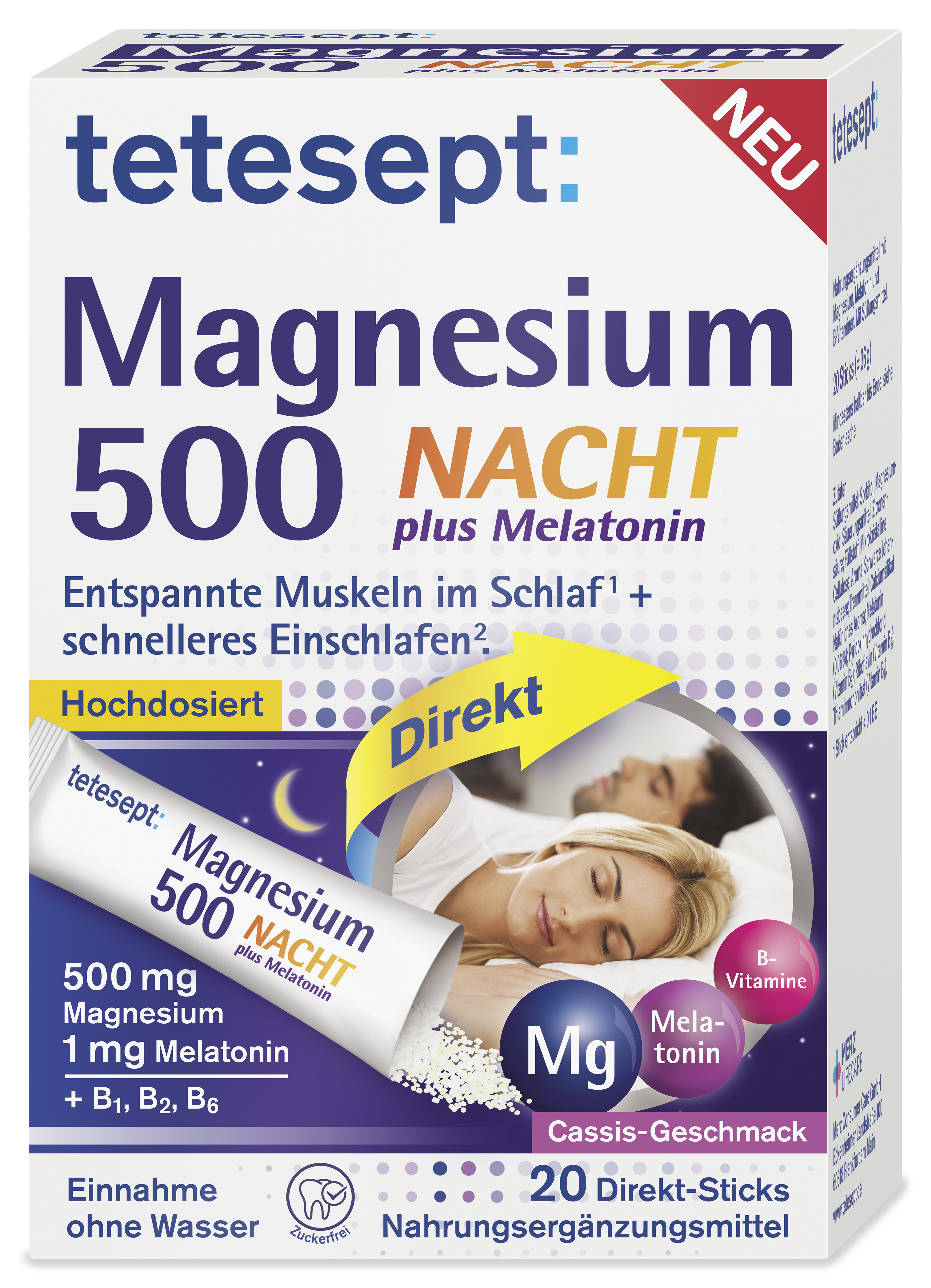 Packungsdesign von tetesept Magnesium 500 Nacht plus Melatonin mit Produktinformationen und Abbildung eines schlafenden Paares.