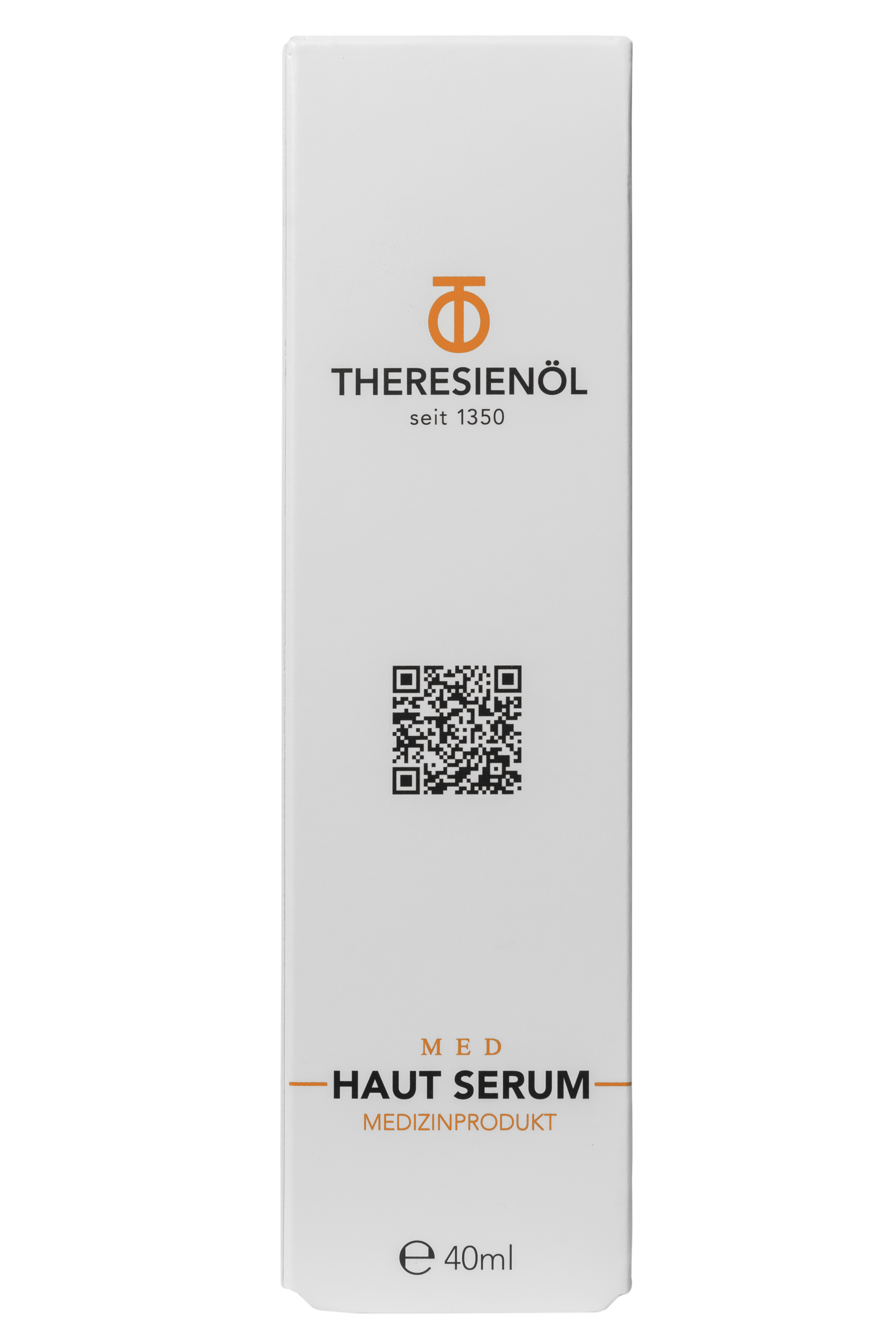 Packungsdesign für das Theresienöl Hautserum, 40ml, mit QR-Code und dem Schriftzug "MED HAUT SERUM MEDIZINPRODUKT".