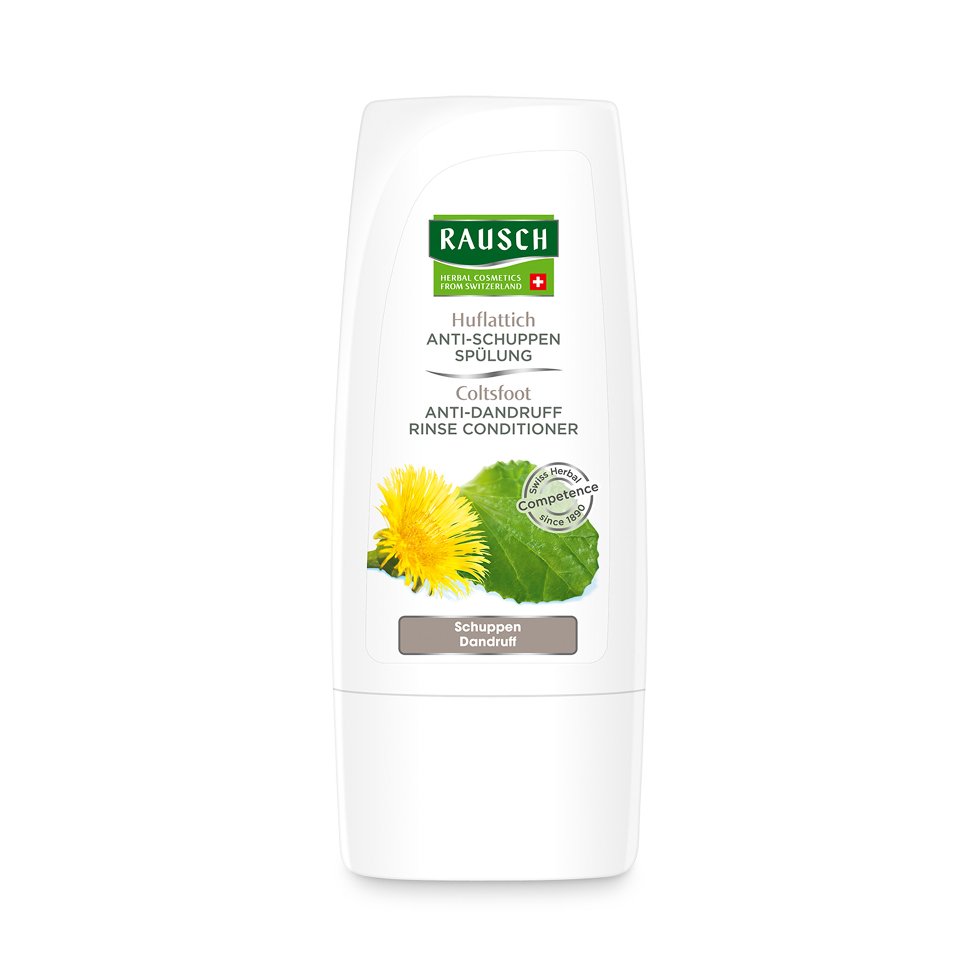 Flasche Rausch Huflattich Anti-Schuppen Spülung mit Abbildung eines Löwenzahnblattes und -blüte.