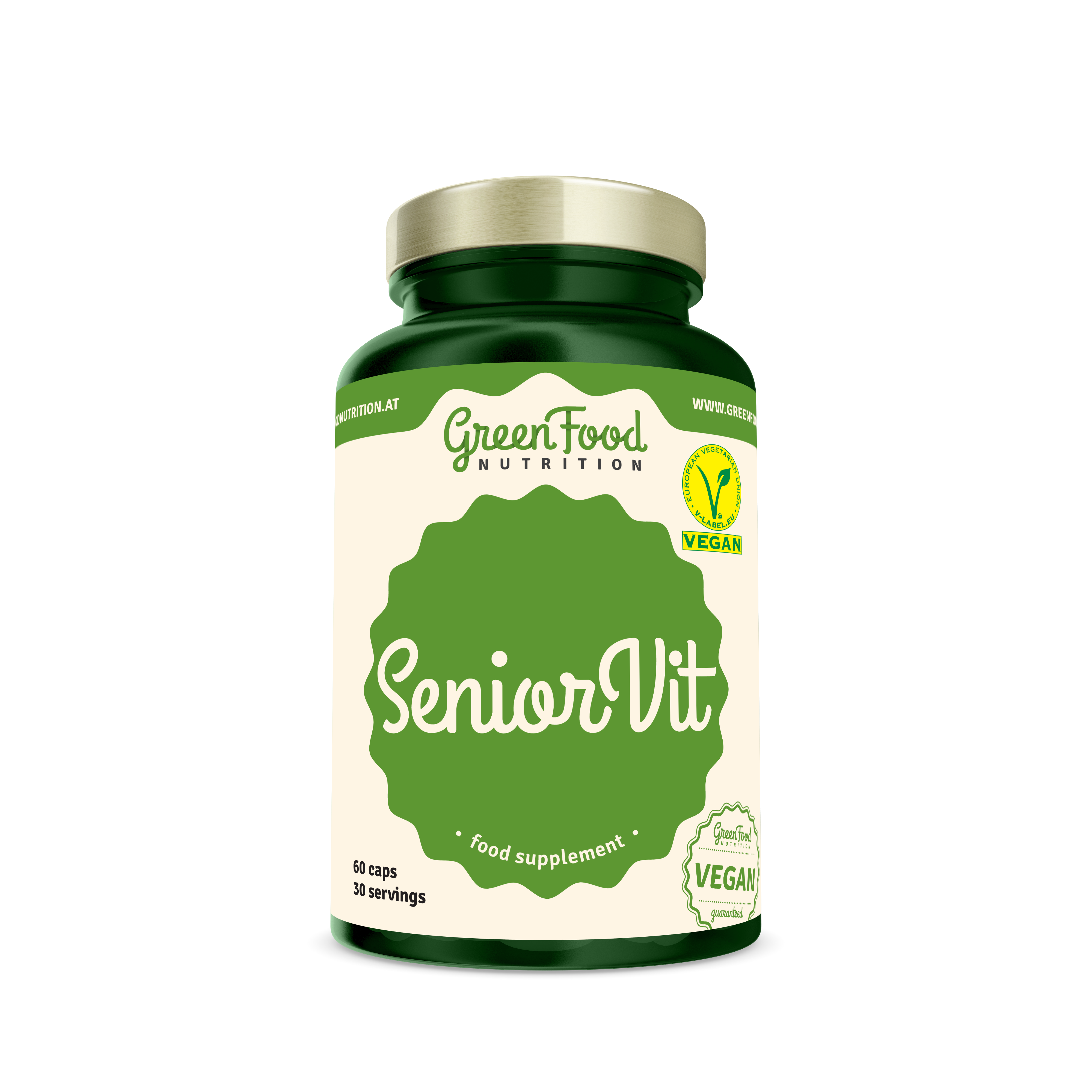 Grünes Nahrungsergänzungsmittel SeniorVit in einem transparenten Behälter mit silbernem Deckel, enthält 60 Kapseln.