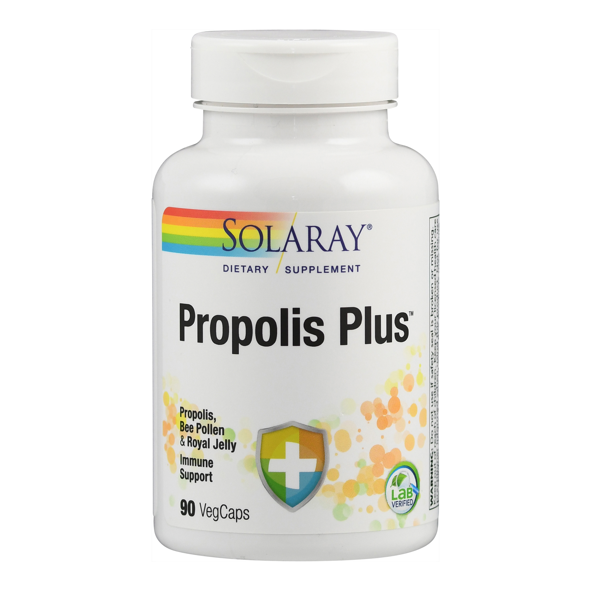 Weißes Fläschchen mit dem Etikett "Propolis Plus" von Solaray, das als Nahrungsergänzungsmittel für das Immunsystem dient.