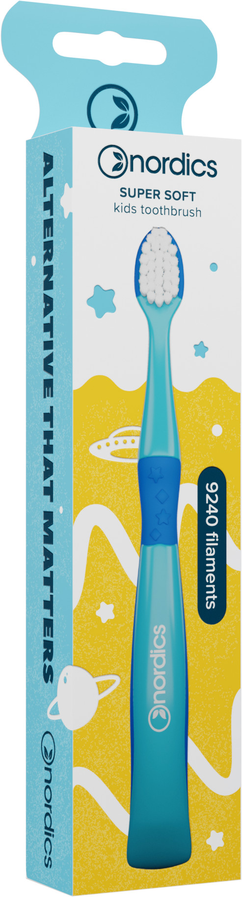 Verpackung einer superweichen Zahnbürste für Kinder in Blau mit einem gelb-weißen, kinderfreundlichen Design und der Aufschrift "alternative that matters".