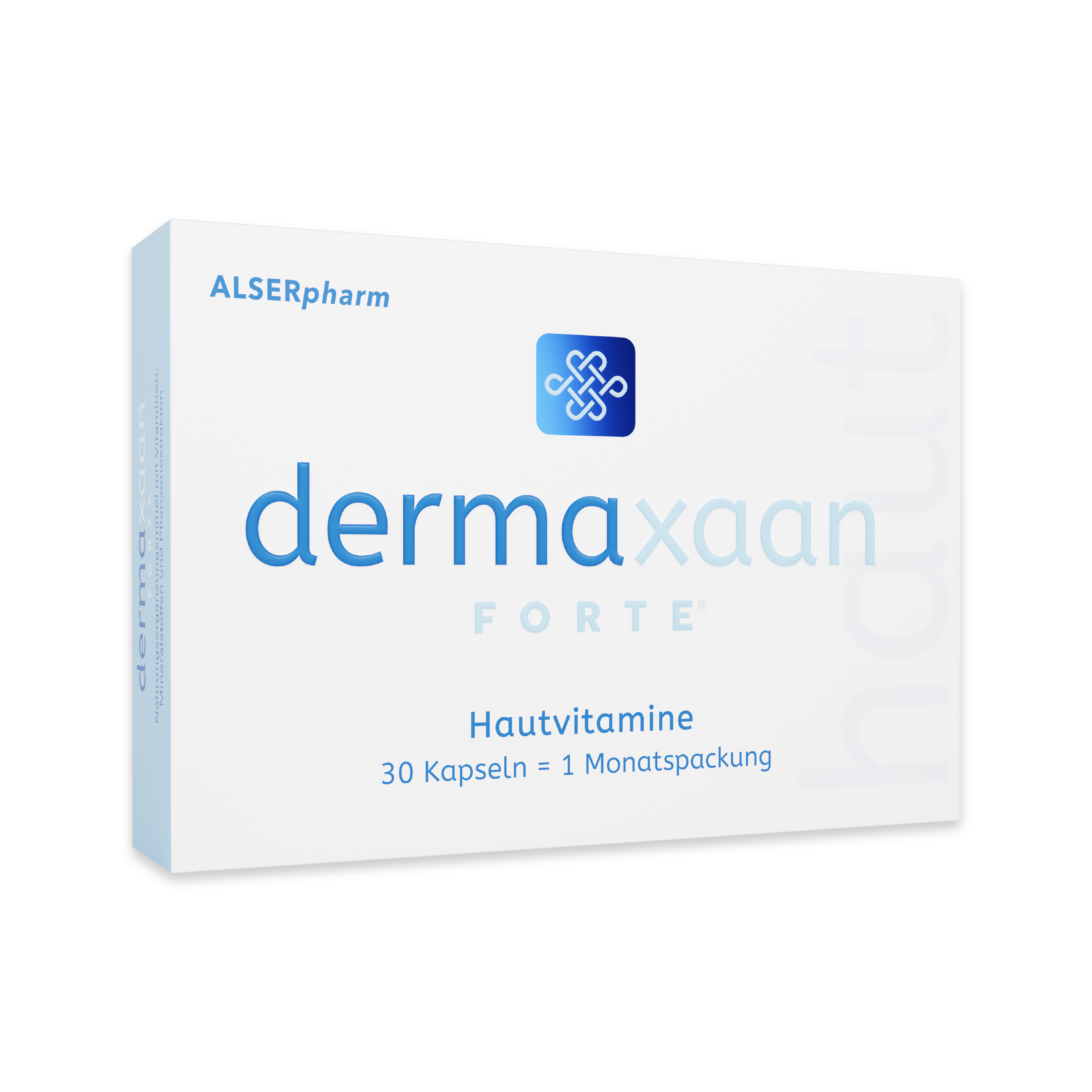 Packung des Produkts "dermaxaan FORTE" mit der Aufschrift "Hautvitamine" und Angaben zur Menge von 30 Kapseln für eine Monatspackung.