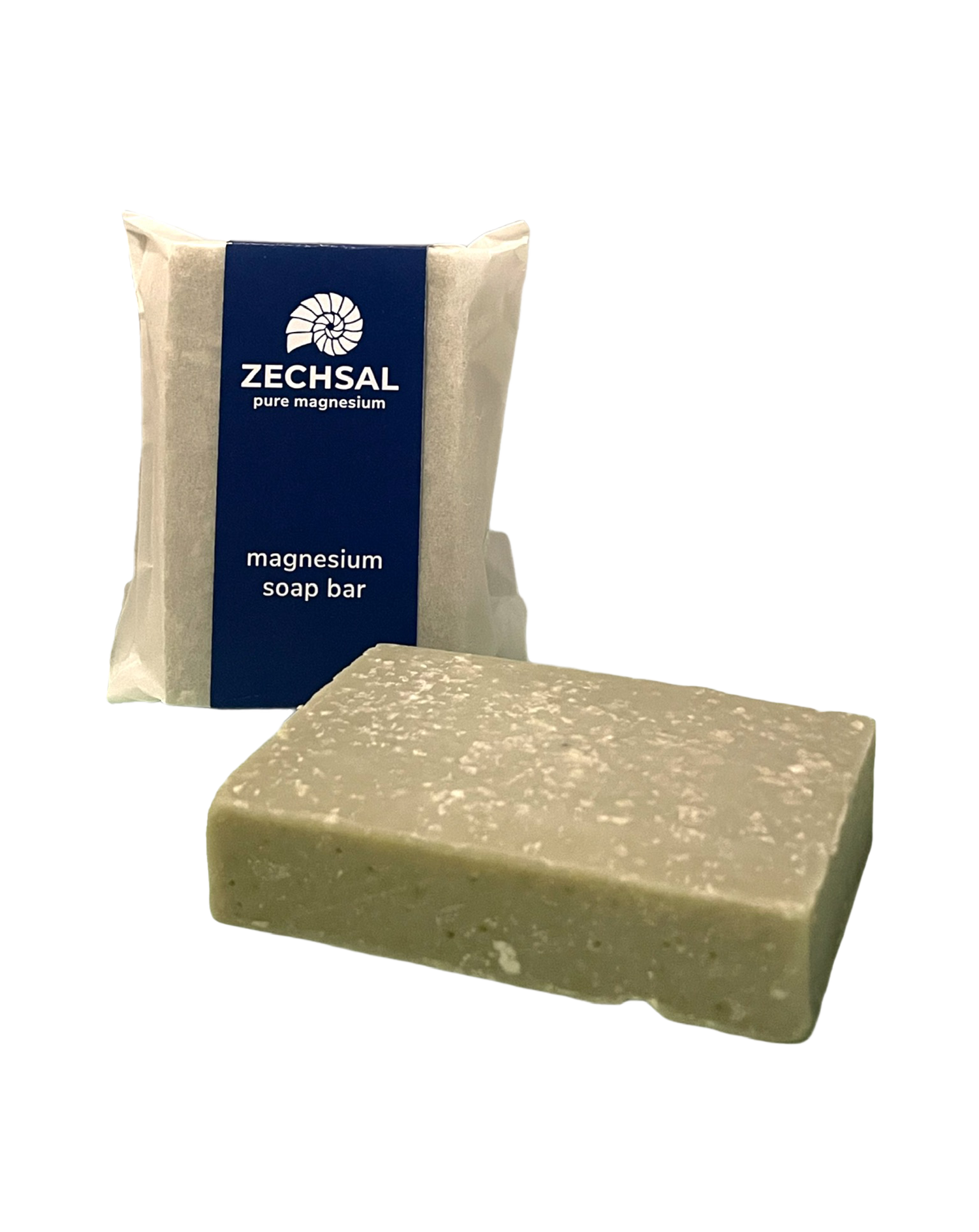 Eine Magnesiumseifenbahn und ihre Verpackung in einem schwarzen Hintergrund.