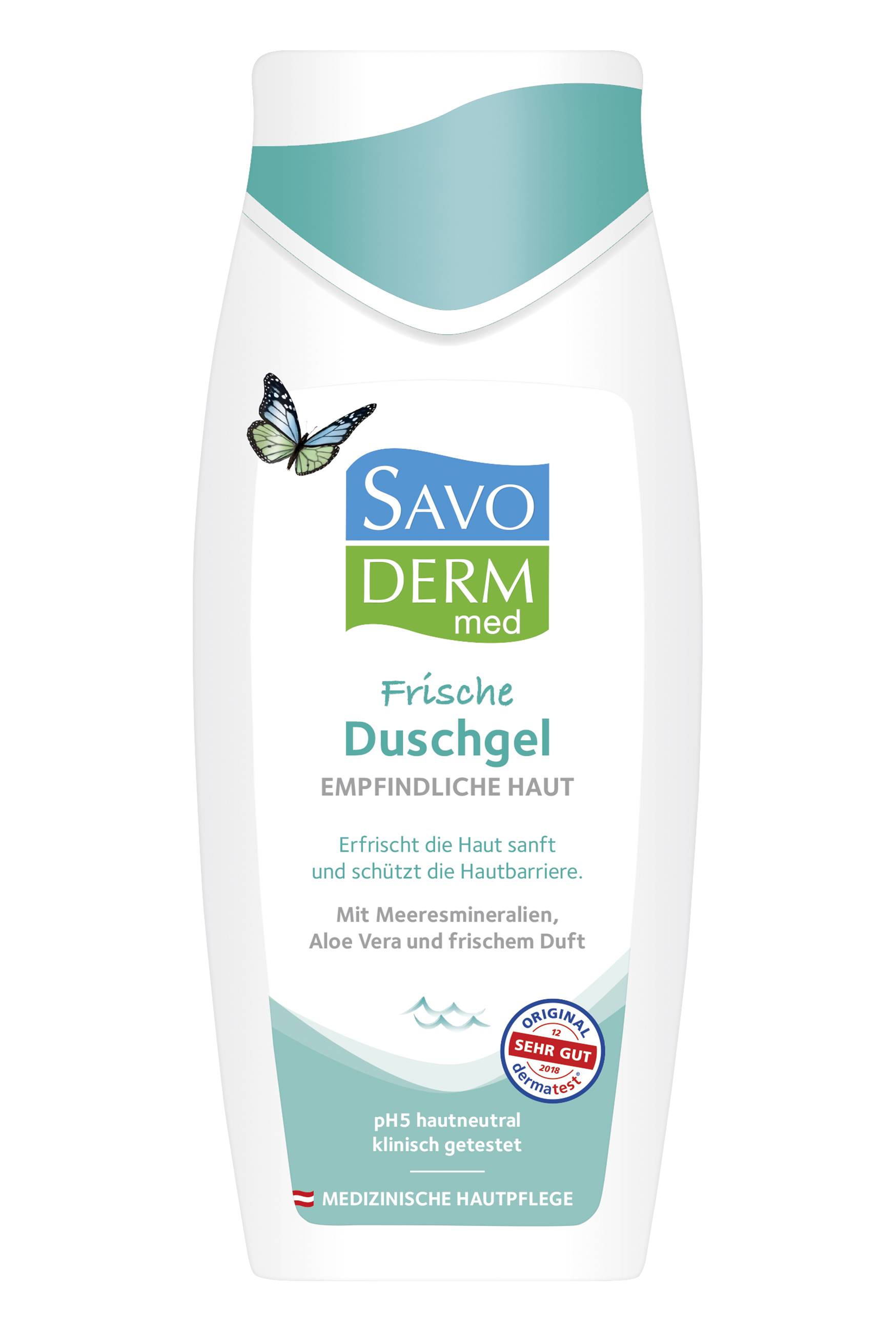 Flasche mit SavoDERM med Frische Duschgel für empfindliche Haut, mit Meeresmineralien und Aloe Vera, pH-hautneutral und klinisch getestet.