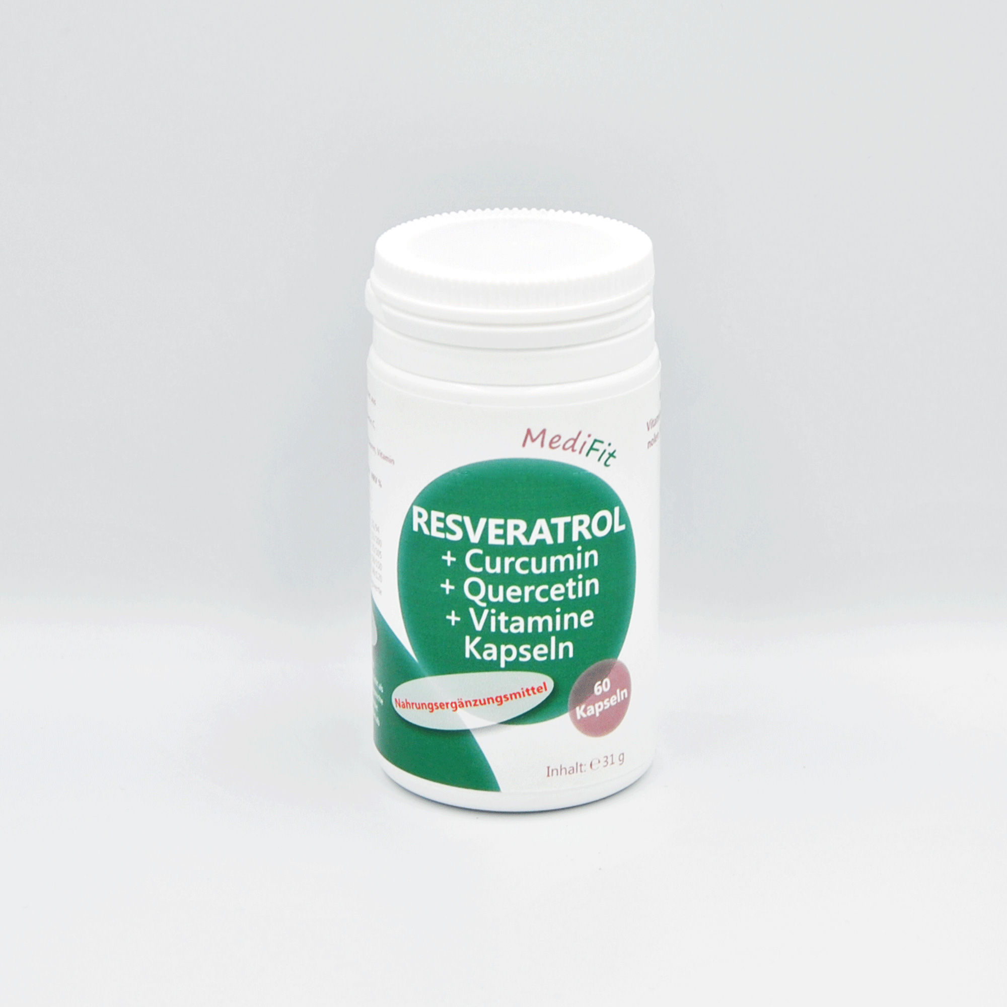 Weißer Behälter mit grüner und schwarzer Beschriftung, der Nahrungsergänzungsmittel mit Resveratrol, Curcumin, Quercetin und Vitaminen enthält.