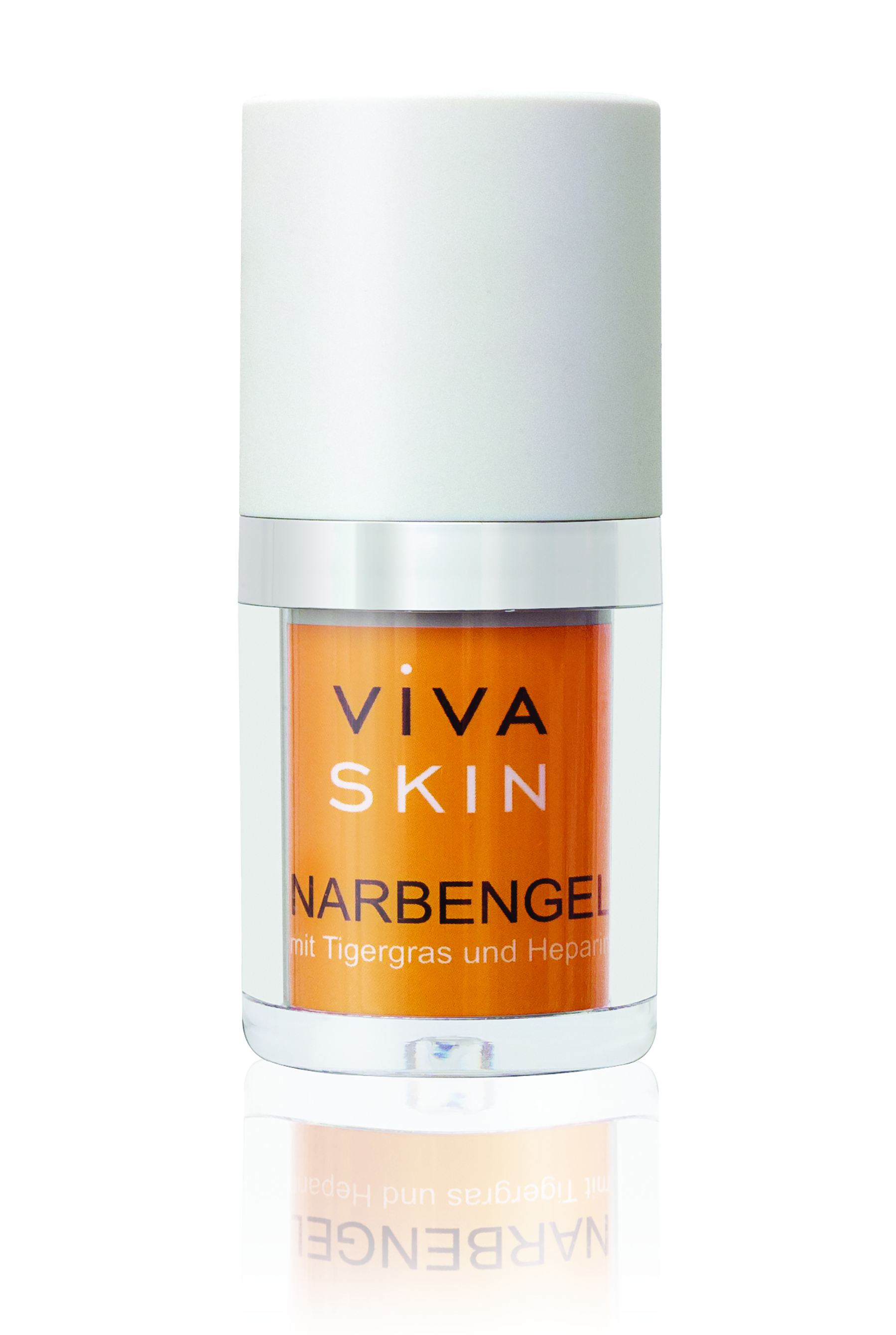 Flasche mit Narbenengel von Viva Skin, orangefarbener Inhalt, silberne und weiße Verpackung.