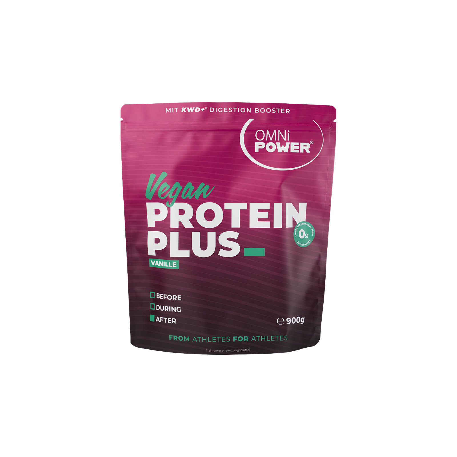 Verpackung von veganes Proteinpulver "Protein Plus" in der Geschmacksrichtung Vanille, 900 g.