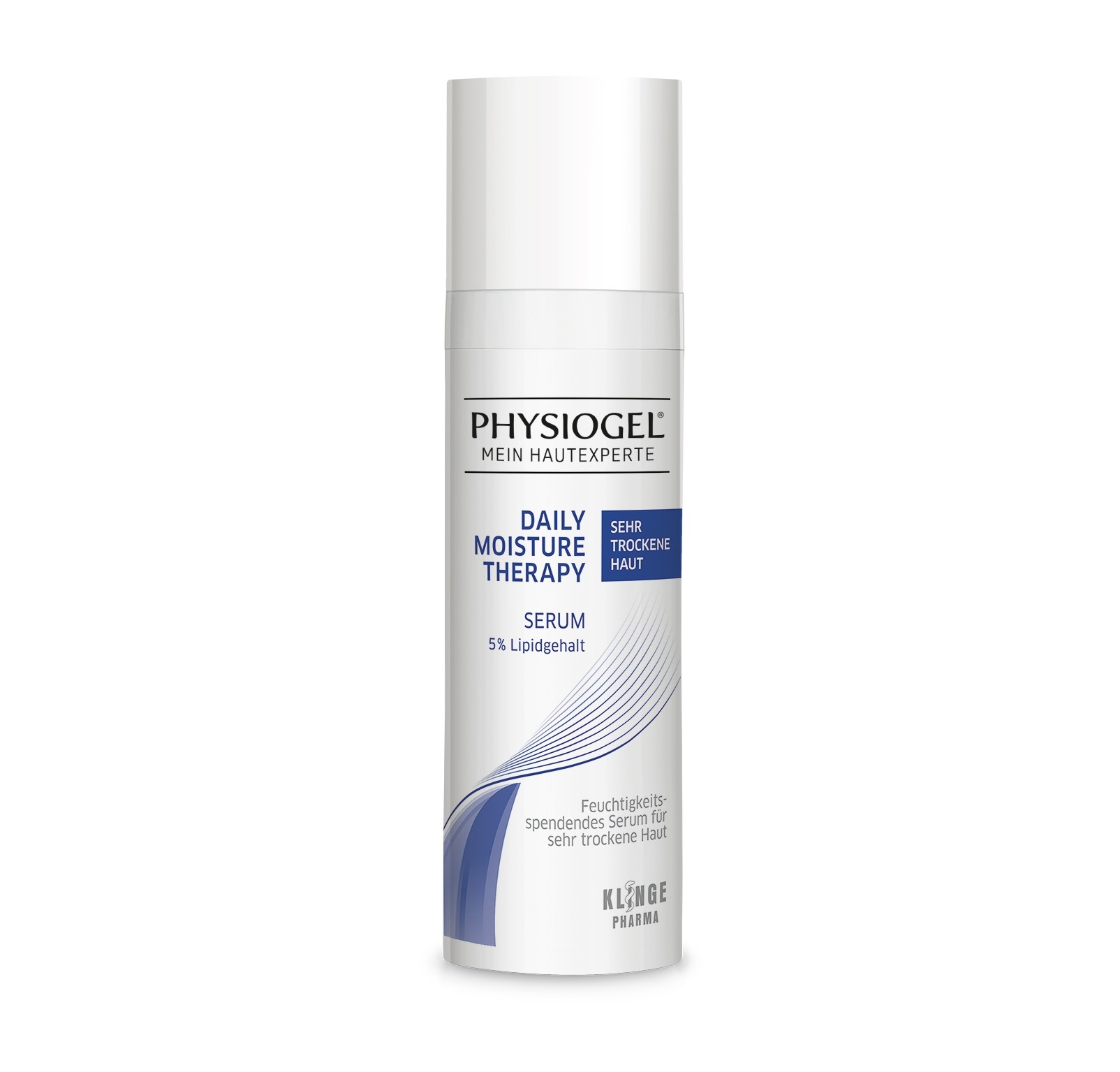 Flasche mit Physiogel Daily Moisture Therapy Serum für sehr trockene Haut, mit Hinweis auf 5% Lipidanteil.