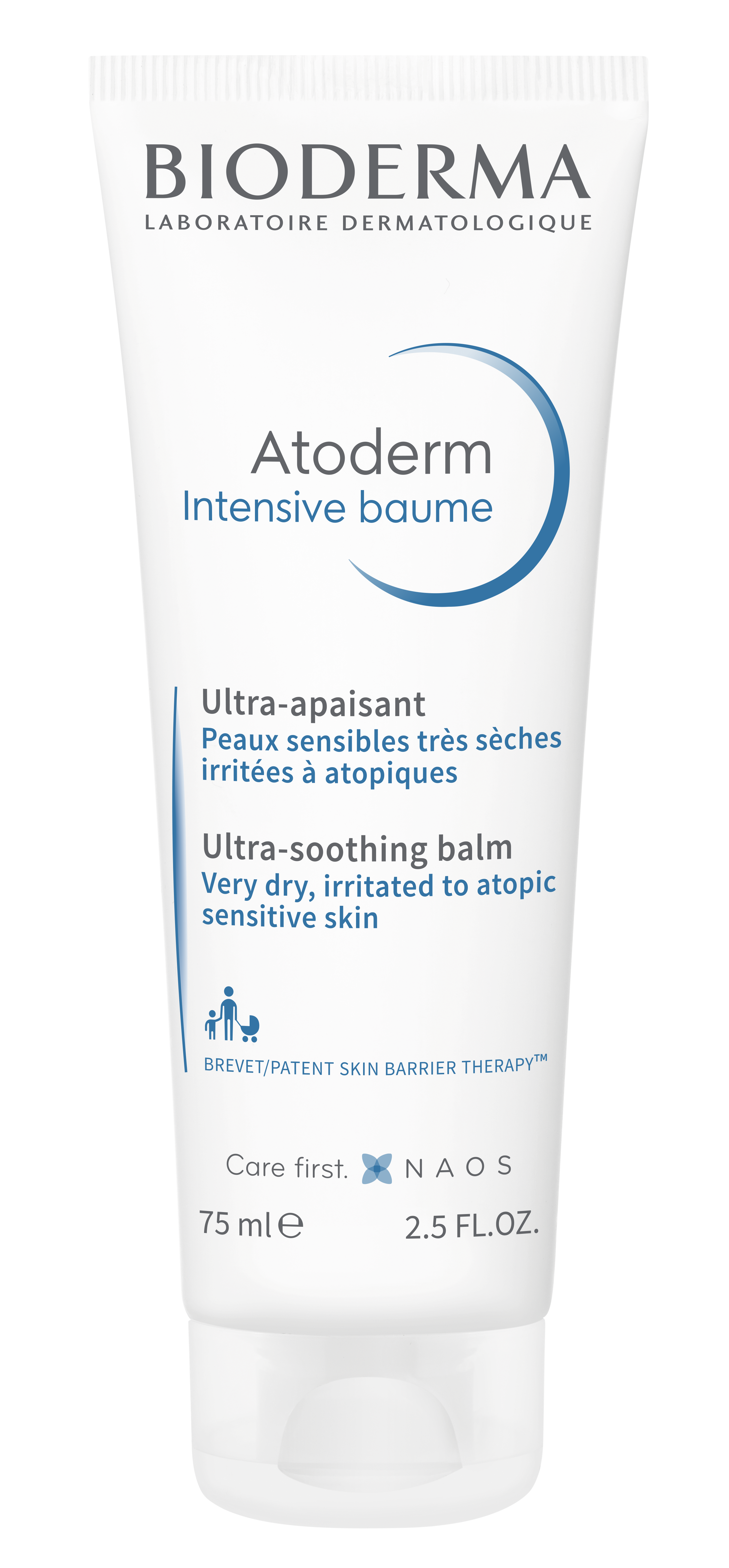 Tube mit Atoderm Intensive Baume von Bioderma, 75 ml, für trockene und empfindliche Haut, mit Informationen zur Anwendung.