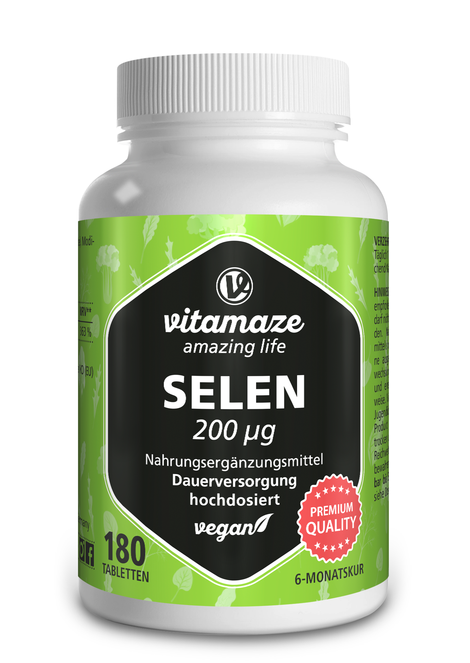 Weißes Fläschchen mit grünem Etikett, das das Nahrungsergänzungsmittel "Selen 200 µg" von vitamaz zeigt, enthält 180 Tabletten, vegan und hochdosiert.