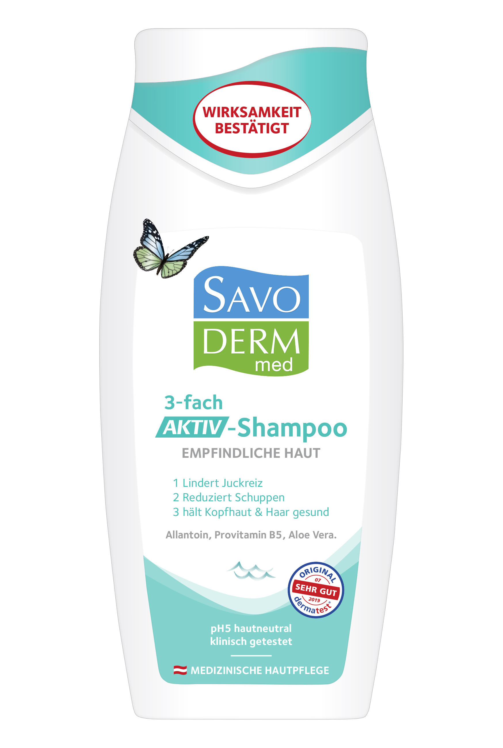 Weißes Shampoo-Flakon mit grünen und blauen Akzenten, beschriftet mit "SAVO DERM med 3-fach AKTIV-Shampoo" und Hinweisen zur Wirksamkeit.
